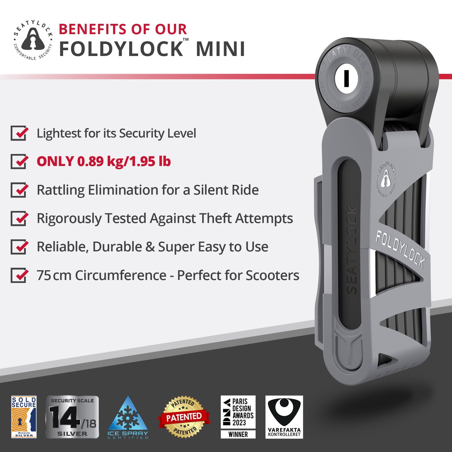FoldyLock - Mini candado plegable para bicicleta, ligero patentado, protector antirrobo resistente con llave para scooter eléctrico y bicicletas de ciudad, 74 cm