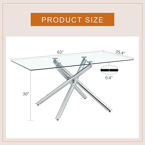 Miniatura 2 de Large Rectangular Glass Dining Table with 0.39" Tempered Glass Tabletop and Silver Chrome Metal Legs, for Kitchen Dining Living Meeting Room Banquet