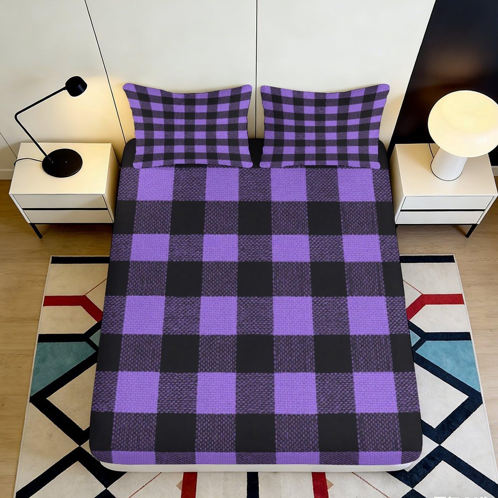Tjiqhvmrn Style-8 3D Printed Plaid Fitted Sheet Microfiber Bedroom Bedding Set Plaid Mattress Fitted Cover Deep Pocket Non-Slip Elastic Hem Washable Full Wrap 90X200x25cm