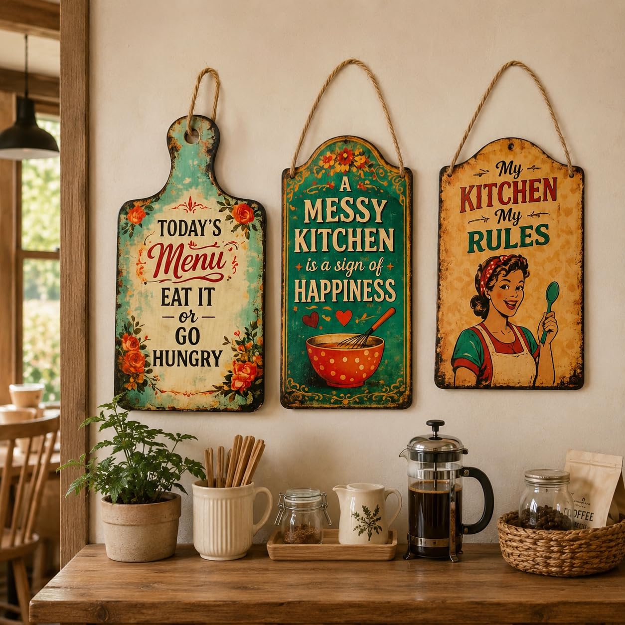 The Peela Box 3 Piece Vintage Kitchen Wall Hanging Decor Set | Kitchen Wall Decor | MDF Quote Wall Art with Jute Rope | Rustic Coffee Corner, Kitchen & Dining Room Decorative Hanging Combo (TPB-KC-1)-image-30