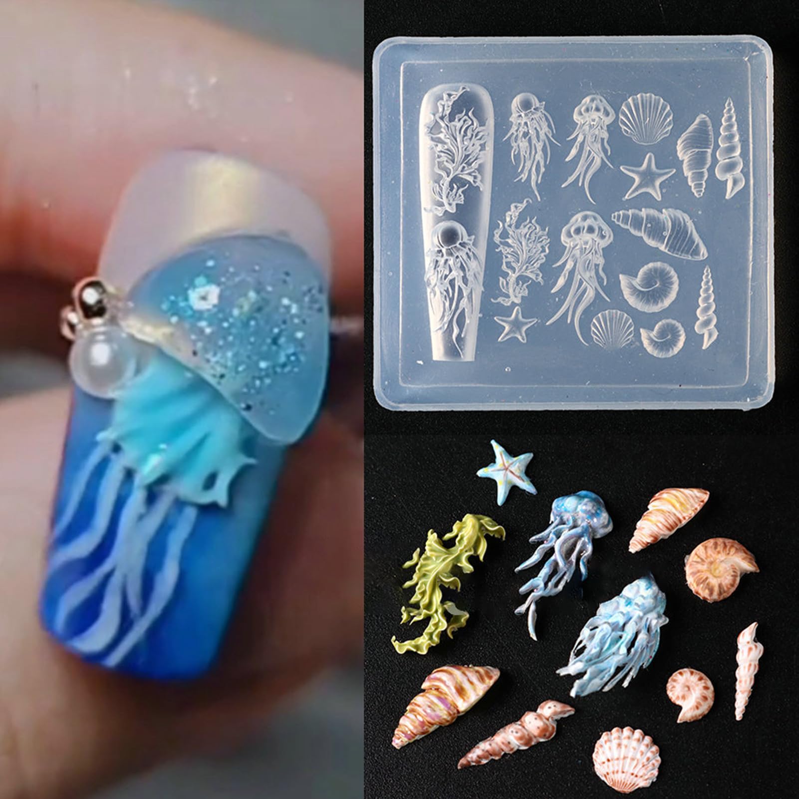 Nail Charm Mold, Nail Carving Decor Mould, Silicone Molds, 3D Sea Themed, Jewelry Making Tools, 1,97 żywica epoksydowa do salonu i domu