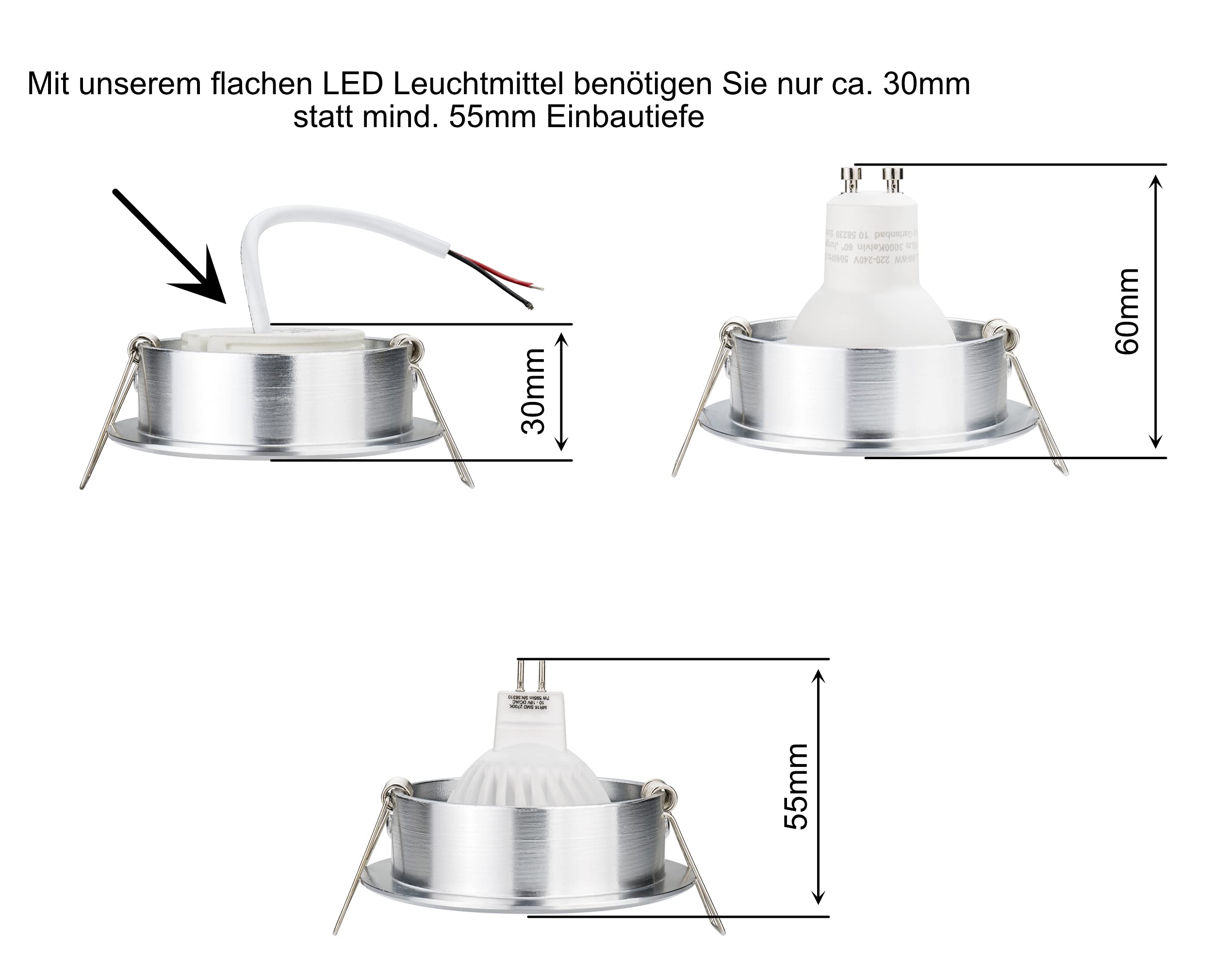 JungesLicht 10x Ultra flaches LED Modul 230V 5W 400lm 3000K warmweiß, Ersatz für GU10/MR16, 50mm Durchmesser, nur 23mm lang, für Deckenspot Einbaustrahler, nicht dimmbar