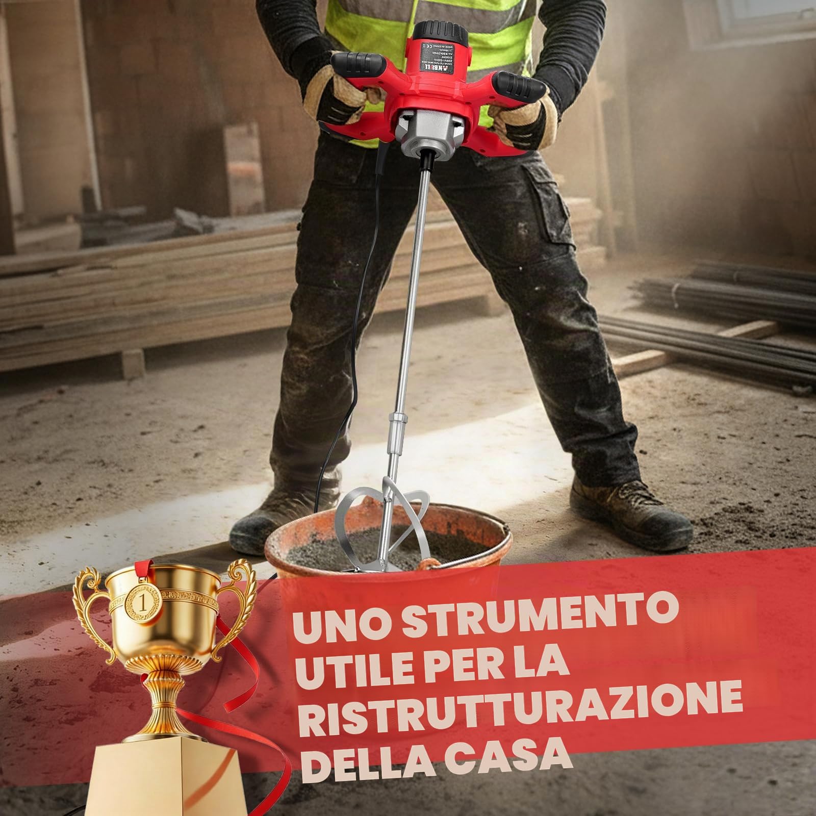 Anbull 2100W miscelatore per malta,Miscelatore Cemento, Miscelatore per Colla, Miscelatore Camion Betoniera, 6 velocità 0-930 giri/min, miscelatore per malta M14