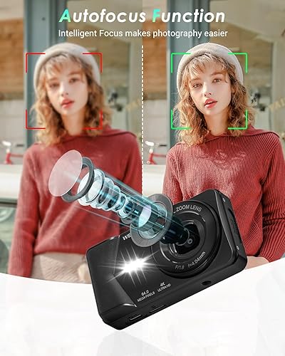 Miniatura 3 de Cámara digital 4K, cámara digital Wevoor de 64MP para apuntar y disparar con enfoque automático, zoom 18X, 20 filtros, tarjeta SD de 64 GB, batería