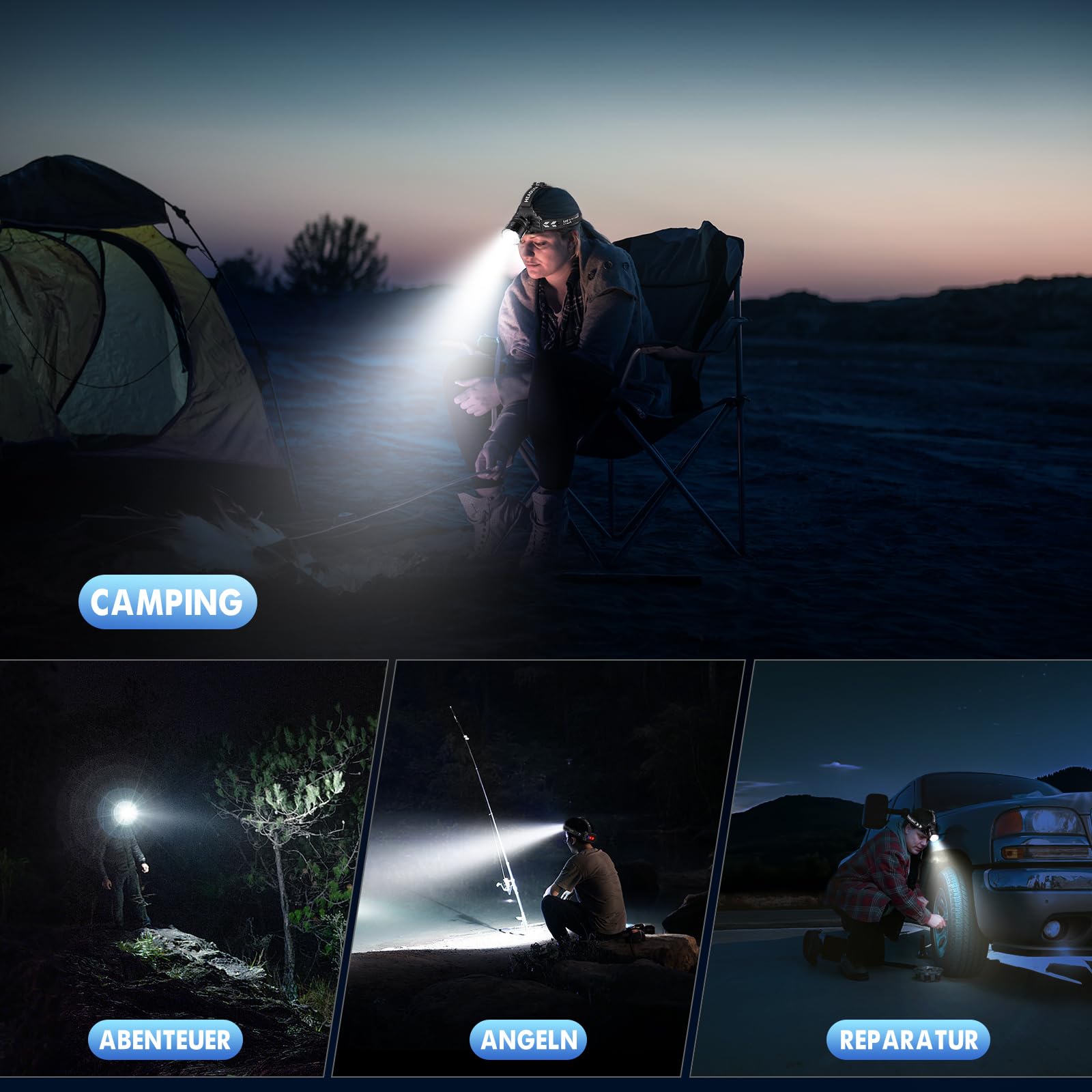 Linterna frontal LED recargable, superbrillante, 120.000 lúmenes, con batería de 9000 mAh, linterna frontal con 5 modos de luz y luz trasera, linterna frontal para correr, para camping, al aire