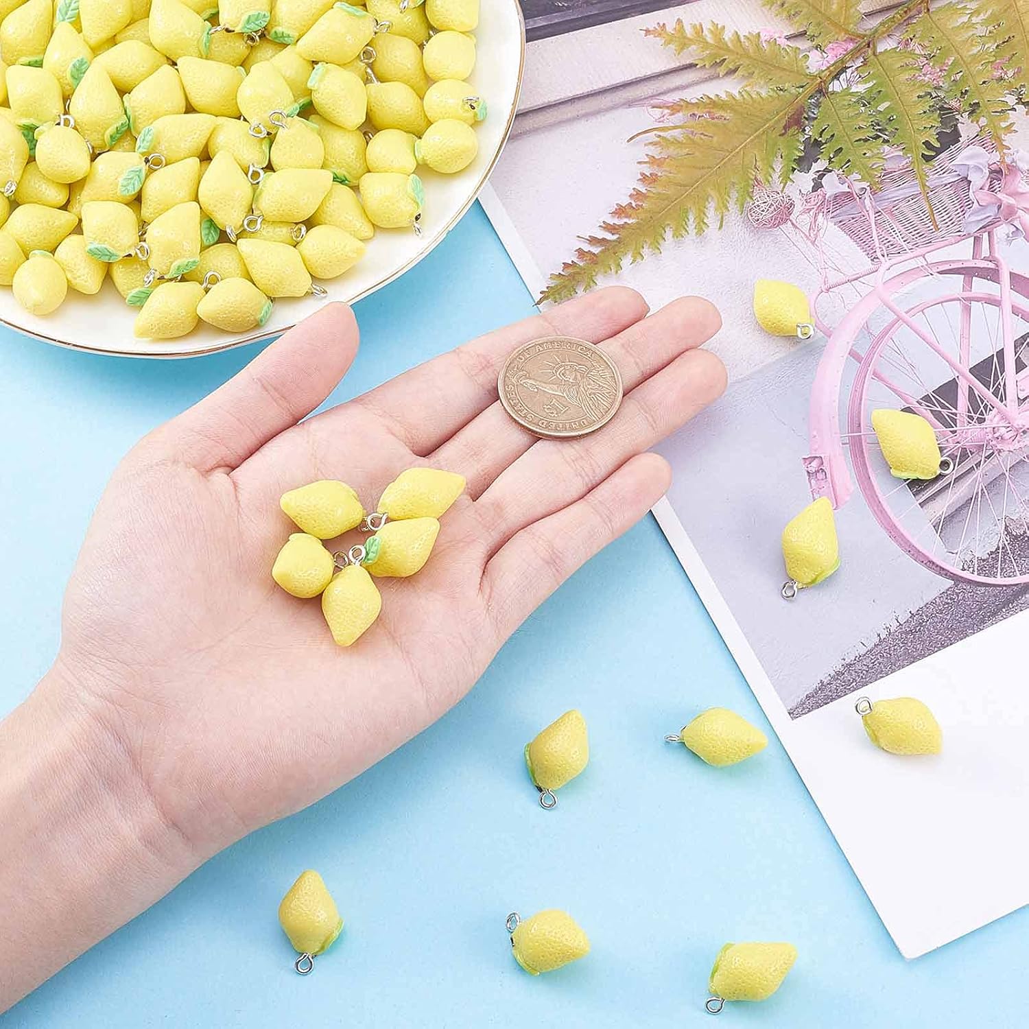 LiQunSweet 200 Pcs Yellow Lemon Fruit Charms Resin Plastic Small Dangle Pendants with Iron Loop for Jewelry Making Keychain DIY Home Decoration - 20x12mm