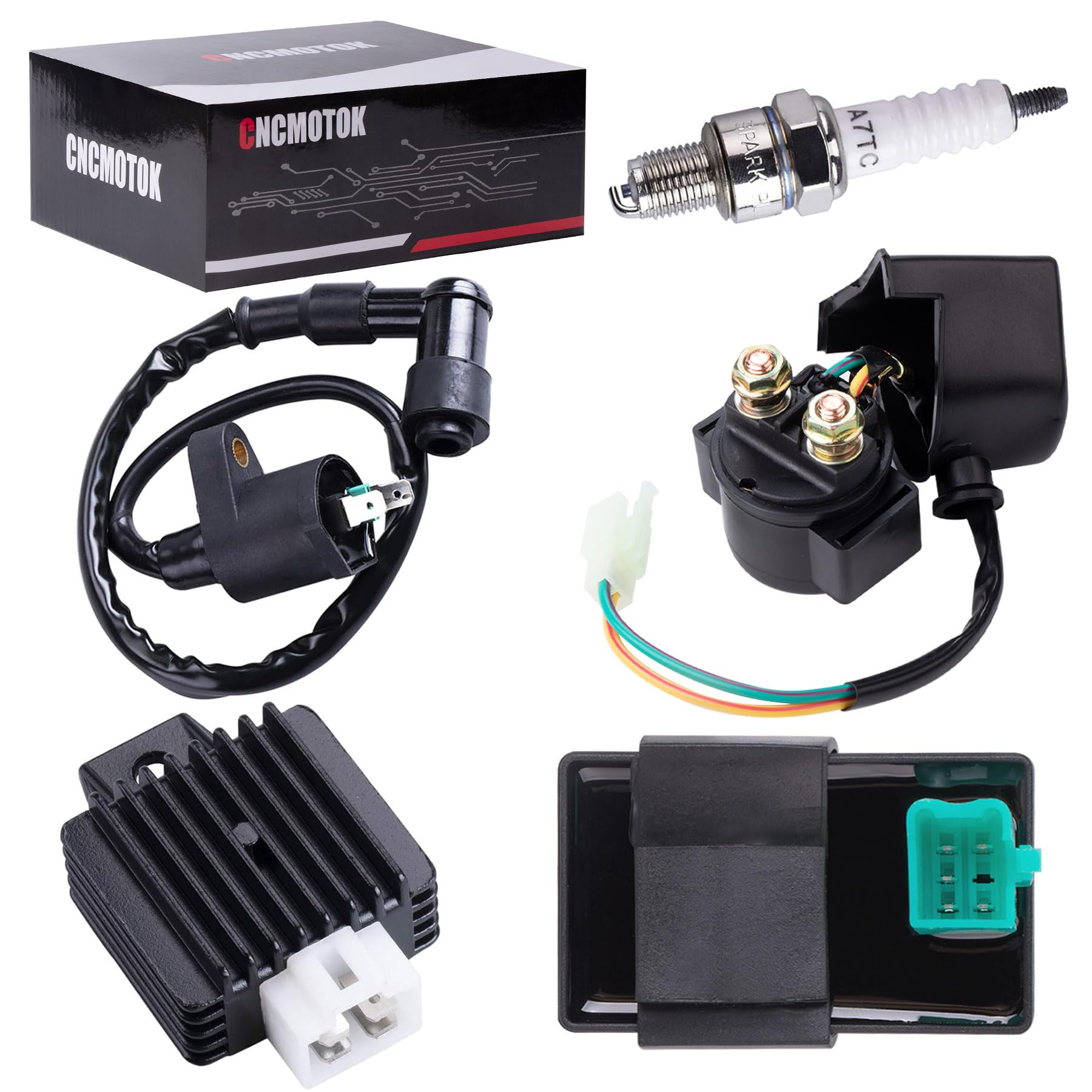 Ignition Coil 5-PIN CDI Box Solenoid 4-PIN Relay Voltage Regulator Spark Plug Kit for 50cc 70cc 90cc 110cc 125cc ATV Chinese Go Kart Dirt Bike Pit Bike TaoTao Moped Scooter
