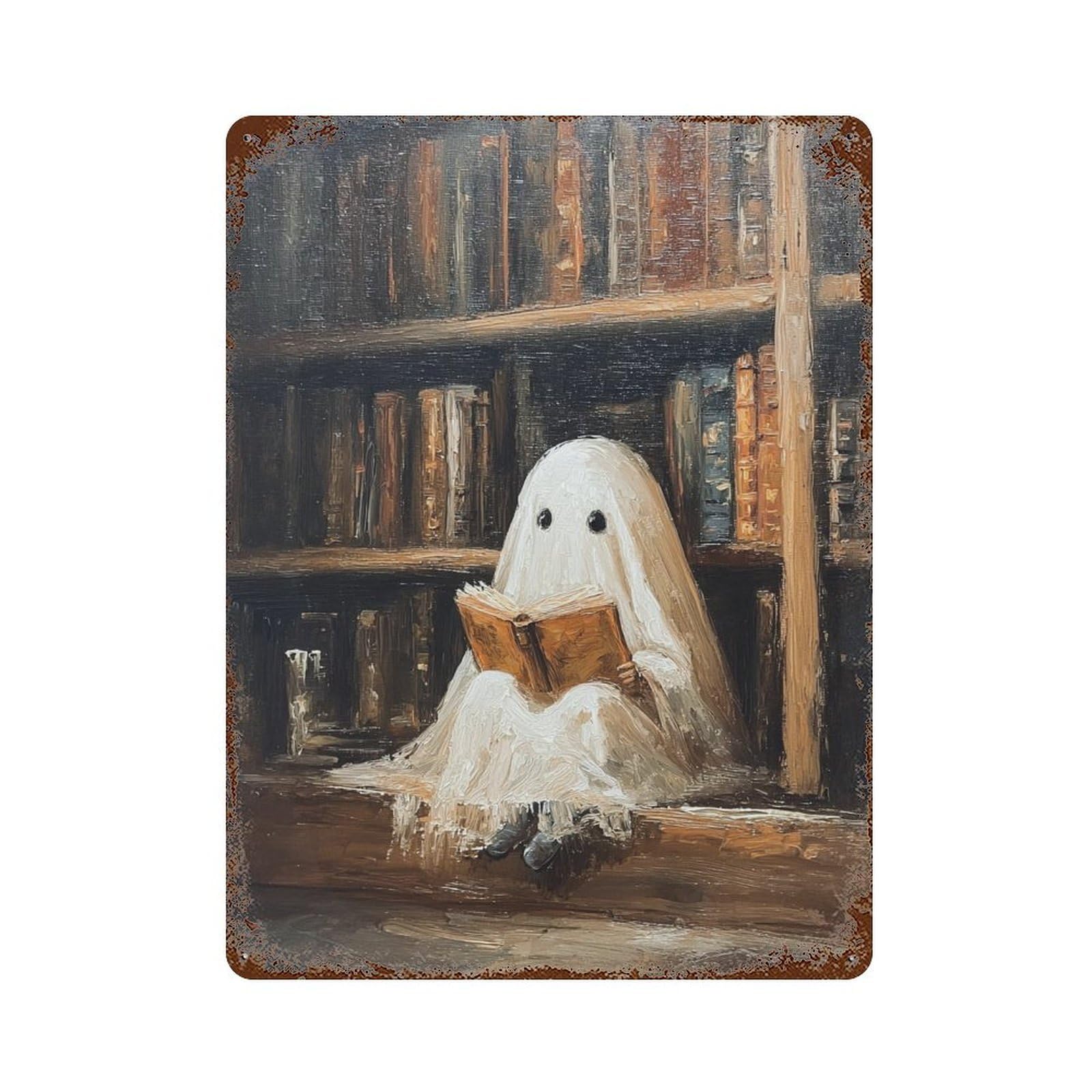 Ghost Reading Book in Library-1 Rusty Metal Tin Sign 15.7"x11.8", Ideal for Office, Studio And Wall Decor
