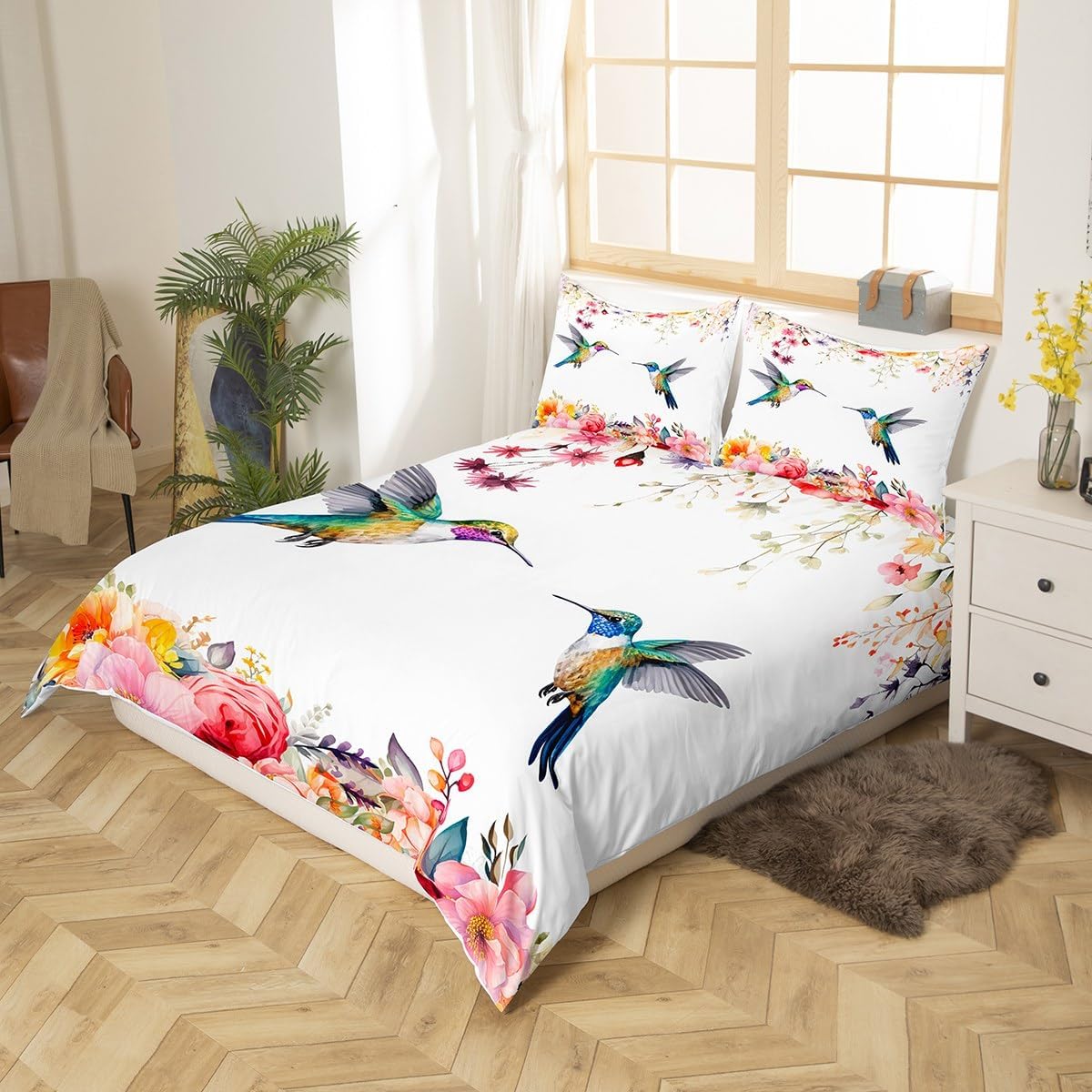 Hummingbird Bedding Set King Size Tropical Birds Comforter Cover Set Hummingbird Flowers Duvet Cover Breathable Farmhouse Garden Bedspread Cover Room Decor Blossoming Iris Flowers Quilt Cover