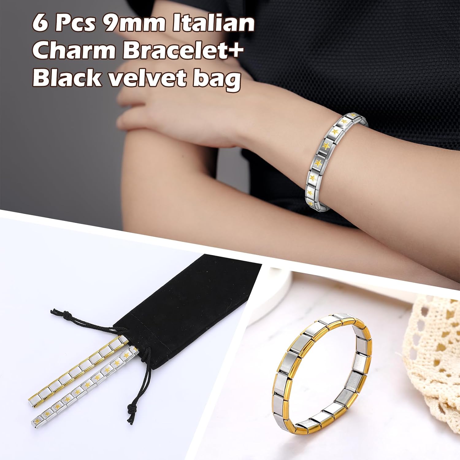 Huquary 6 Pcs Italian Charm Bracelets Shiny 9mm Starter 18 Links Stainless Steel Italian Bracelet Modular Links