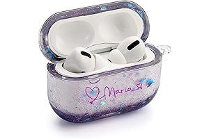 AirPods Pro Case with Carabiner Keychain for Women, Custom Name Purple Glitter Cover