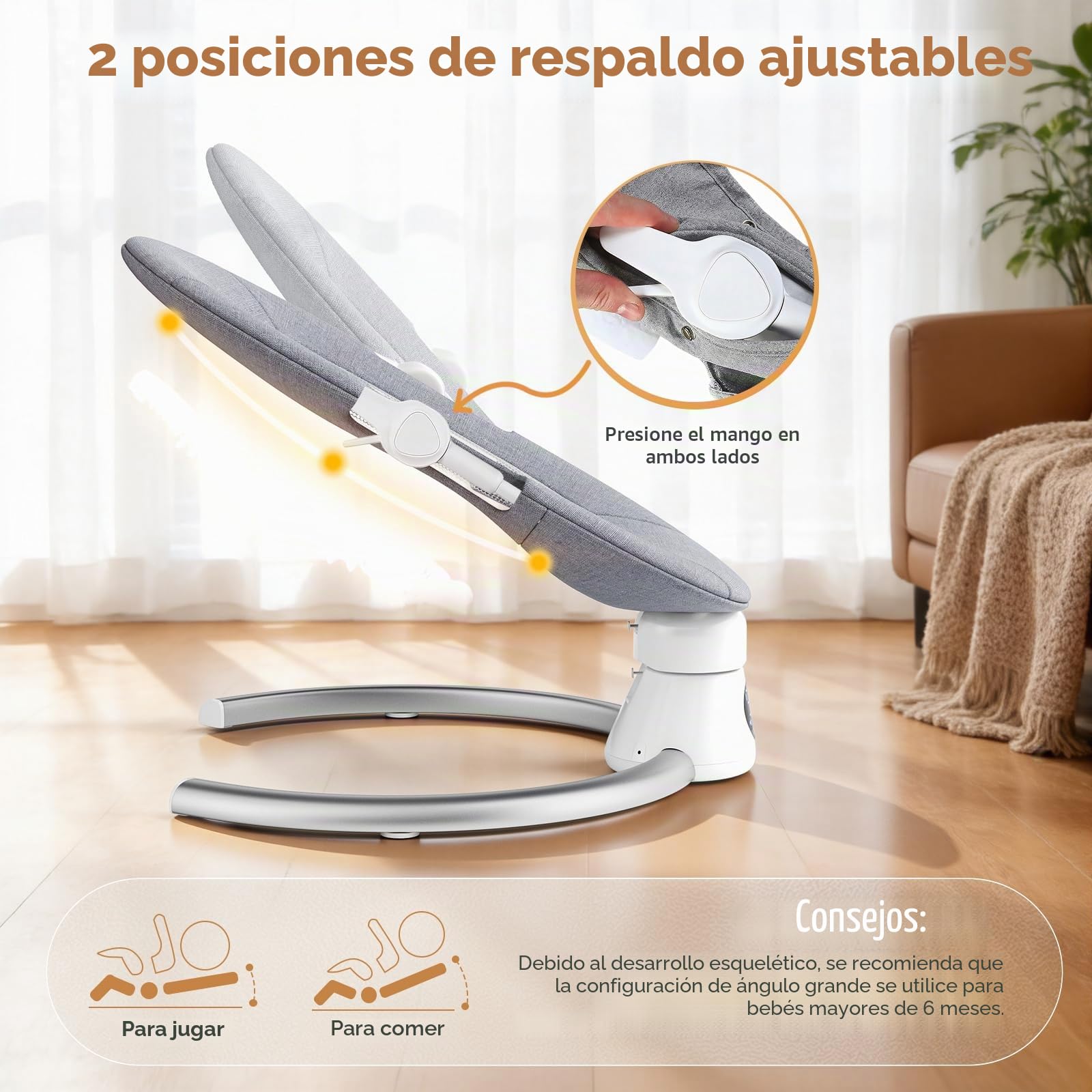 Hamaca Eléctrica para Bebé con Mando a Distancia y App,Mecedora con 5 Velocidades de Balanceo,3 Temporizadores,Arnés de 5 Puntos,2 Posiciones del Asiento,Silla Mecedora para 0-9 kg de Bebé-Gris