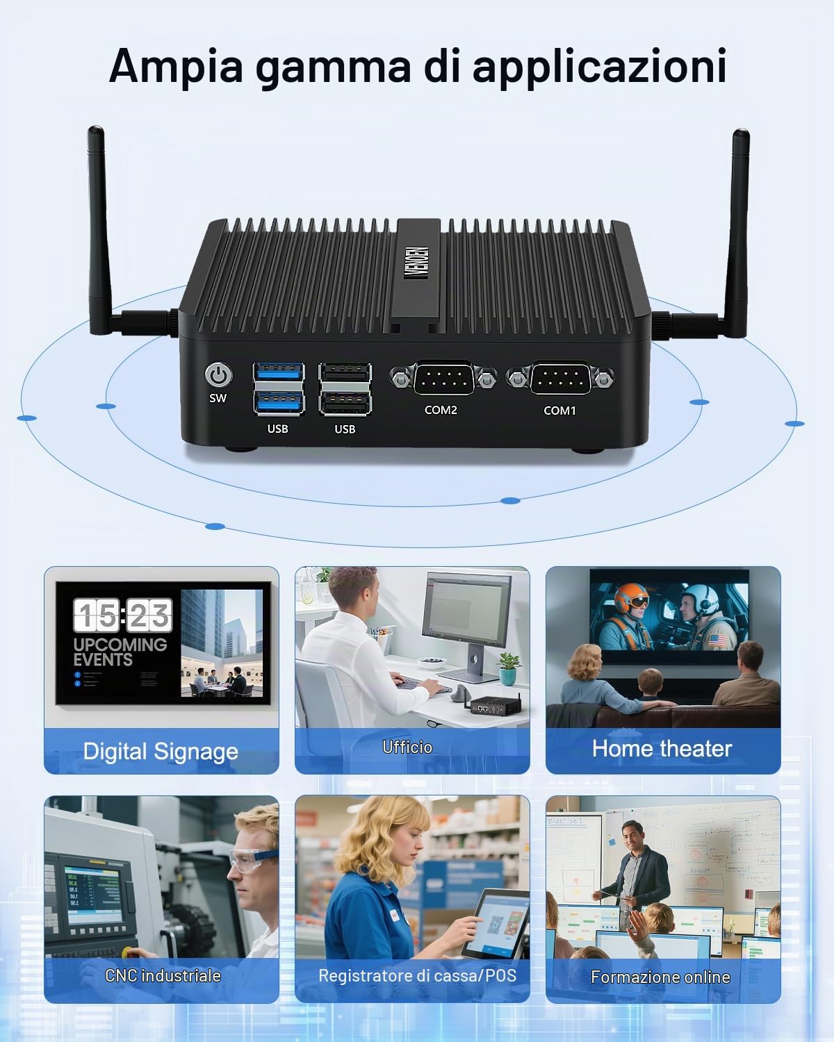 Mini pc senza ventola Celeron J6412, Fanless PC desktop Computer Win 11, 2xHD, DP, 2xCOM, LAN RJ45, WiFi, BT4.2, Auto Power On, Uso Ufficio/Casa/Business, Server Industriale, 8GB RAM 128GB SSD
