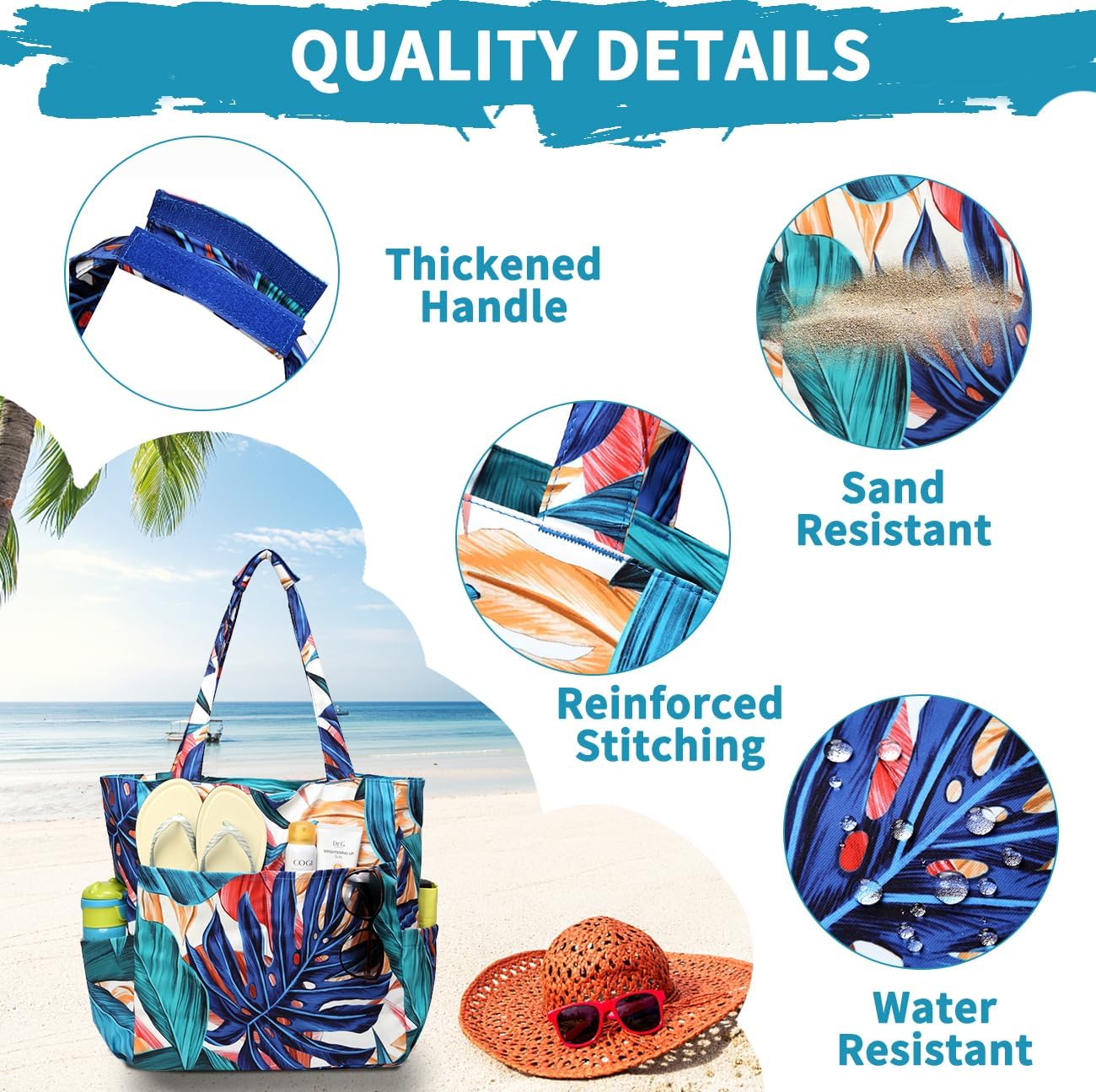 Kasqo Beach Tote Bag for Women, 22L Waterproof Sandproof Large Packable Travel Bag with Zipper for Pool Gym Shopping