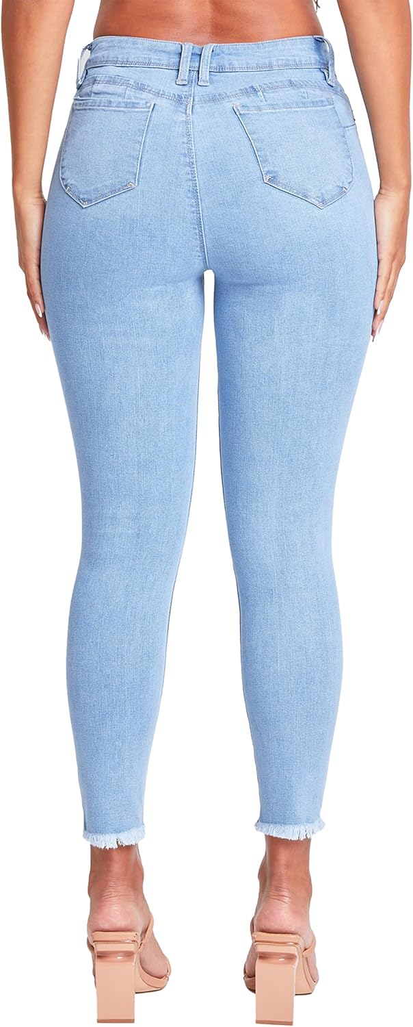 YMI Womens YMI Women's Junior Wannabettabutt Repreve Mid-Rise Ankle Jeans with Frayed Hem - Image 3