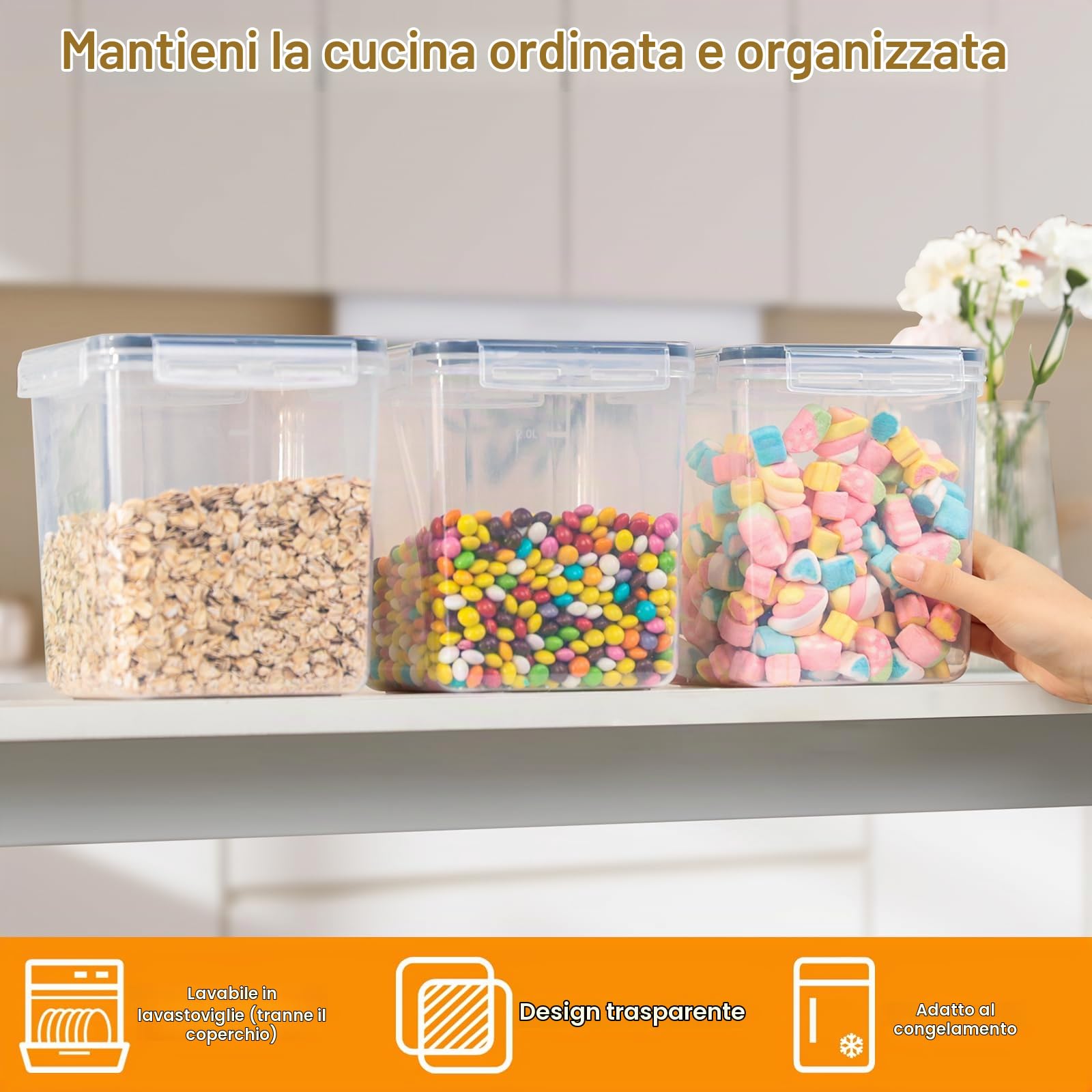 VINATO 2.5L Contenitori Ermetici per Alimenti 3pezzi- Barattoli per Cereali, Farina | Conservazione Senza BPA, con Etichette & Misurini (Confezione da 2)