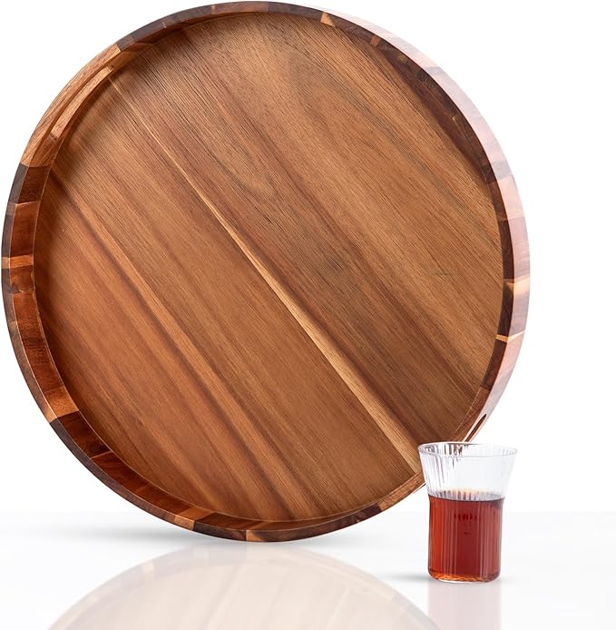 Acacia Wood Ottoman Tray, 20 Inches Large Wooden Serving Tray with Handles, Round Decorative Serving Tray for Dinner, BBQ, Snacks, Used for Serving Food in Living Room Coffee Table Kitchen