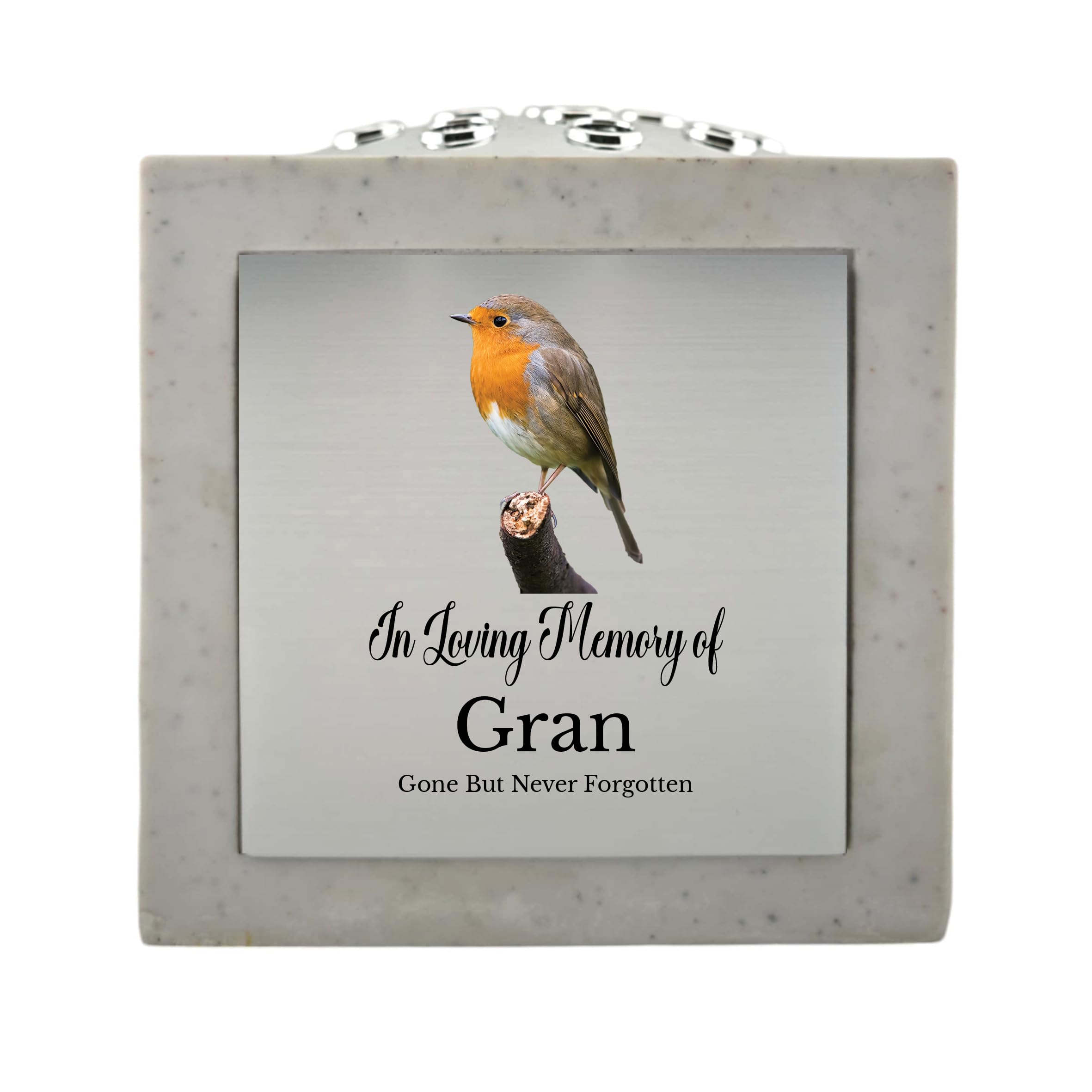 1Stclassgifts White In Loving Memory Of Memorial Rose Bowl Grave Marker Flower Pot Vase With Robin Design Mum Dad Grandad & Lots More /Silver (Uv Printed) (Gran)