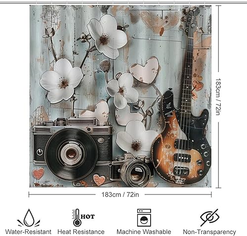 Miniatura 2 de Juego de 4 cortinas de ducha retro para cámara de guitarra con alfombras, tapa de inodoro y tapete de baño, instrumentos musicales florales blancos,