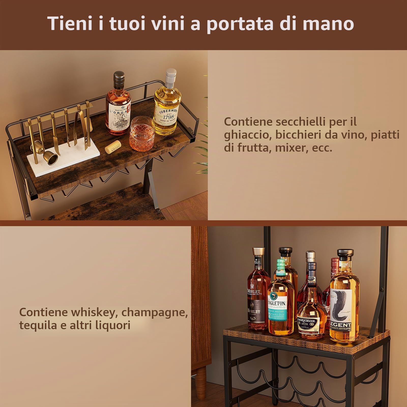 Nuovoware Mobile bar 3 ripiani, porta-bottiglie 8 bottiglie, Marrone+Nero