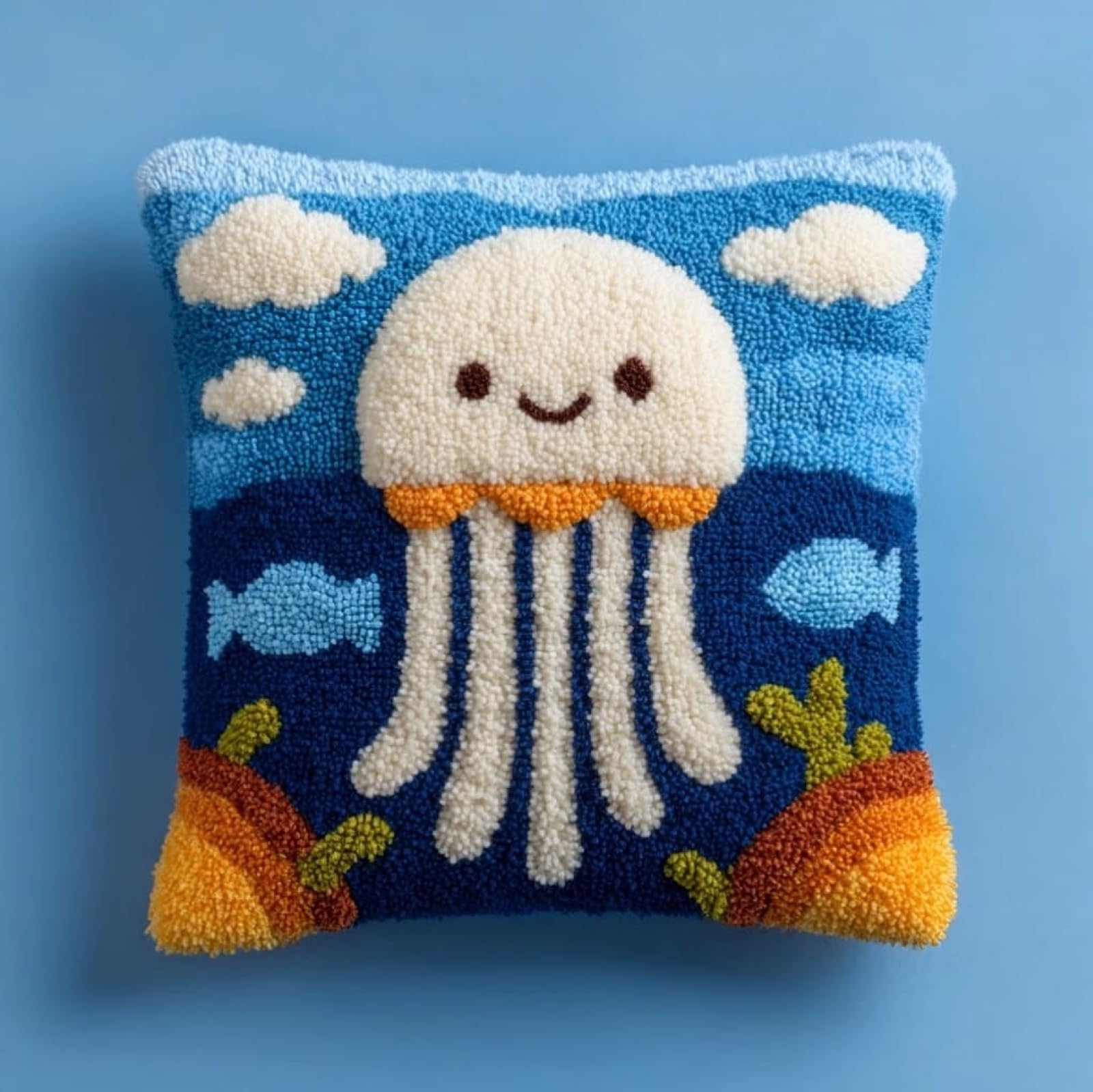 WallustrioaW Latch Hook Cushion Kit DIY 17x17in,Cartoon Jellyfish