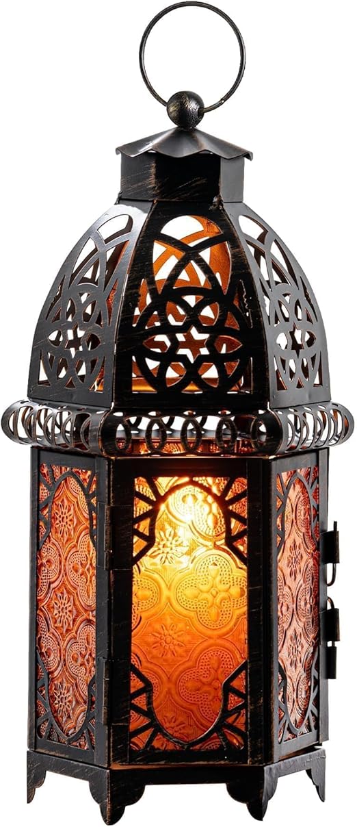 DECORKEY Vintage Large Size Decorative Moroccan Candle Lantern, 12.8’’ Metal Hanging&Tabletop Lantern Candle Holder Decor, Halloween Christmas Ramadan Decorations for Home Indoor Outdoor Patio (Amber)