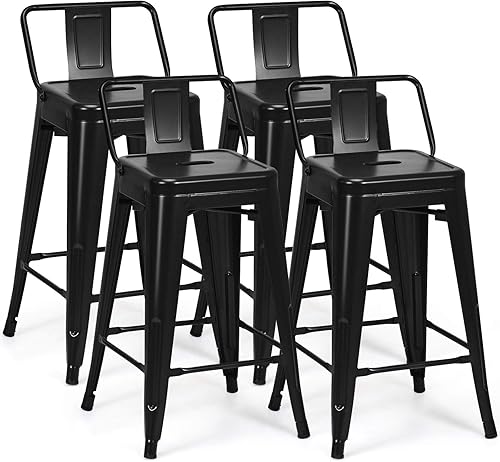 Miniatura 12 de COSTWAY Juego de 4 taburetes de bar de metal de 30 pulgadas, con respaldo extraíble, taburetes de altura de barra con pies de goma, sillas elegantes