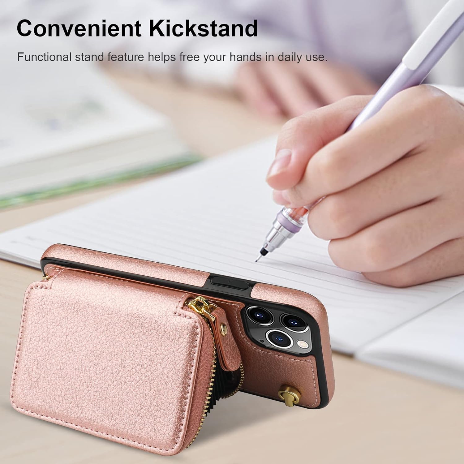 Bocasal Crossbody Wallet Case for iPhone 11 Pro Max, RFID Blocking Leather Purse Case with Card Holder, Protective Handbag Flip Cover with Zipper Wrist Strap Lanyard for Women 6.5 Inch (Rose Gold)