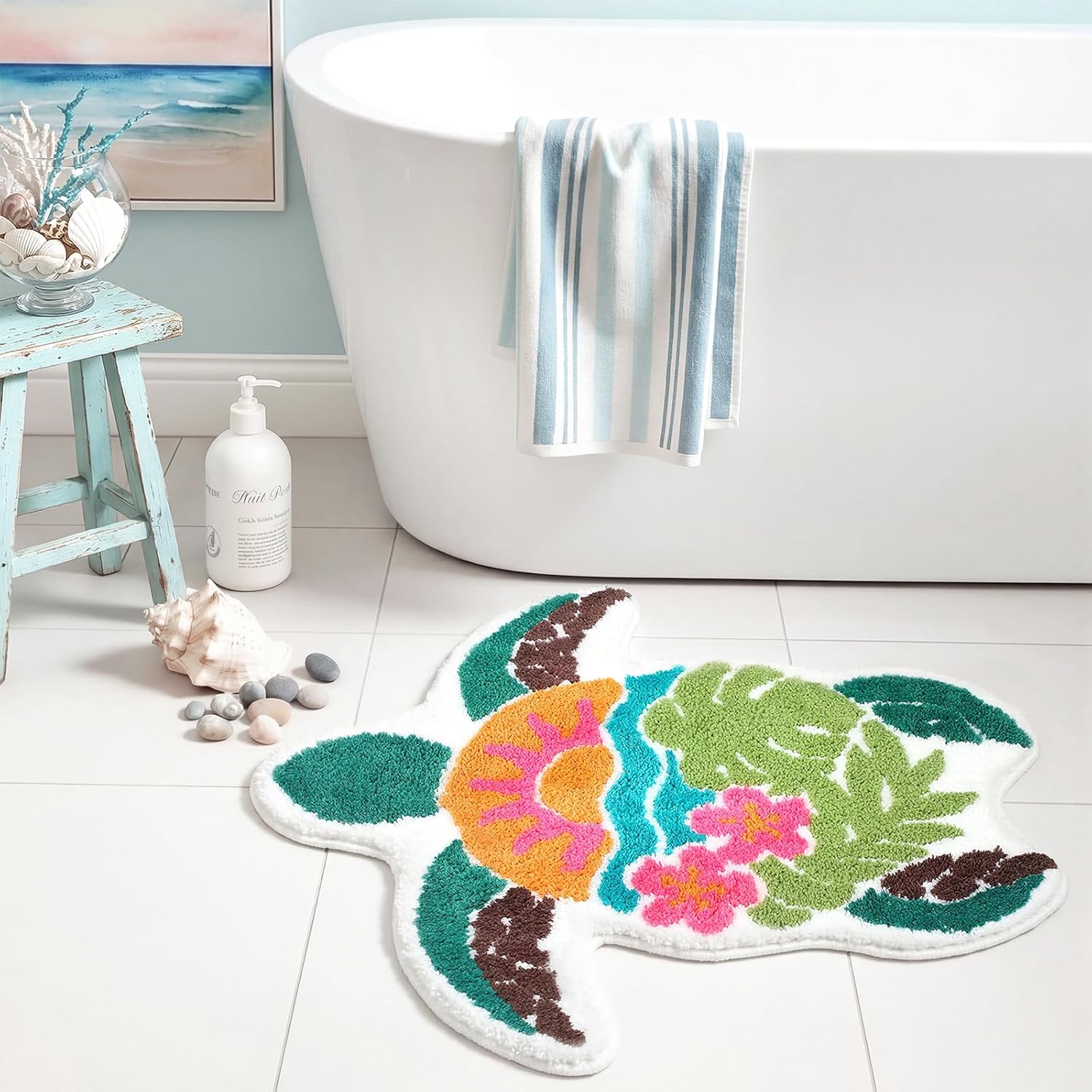 Cute Sea Turtle Bathroom Rugs Tropical Turtle Soft Microfiber Bathmat 29.6"x28" for Shower Floor Non Slip Washable Plush Absorbent Bath Animal Mats for Shower Sink Bathtub Room Decor(Classic Style)