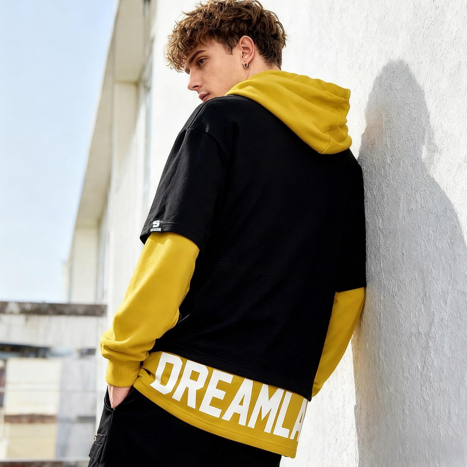 Mens Colorblock Hoodie Casual Patchwork Soft Cotton Pullover Letter Print japanese Hooded Sweatshirt with Design - Image 3