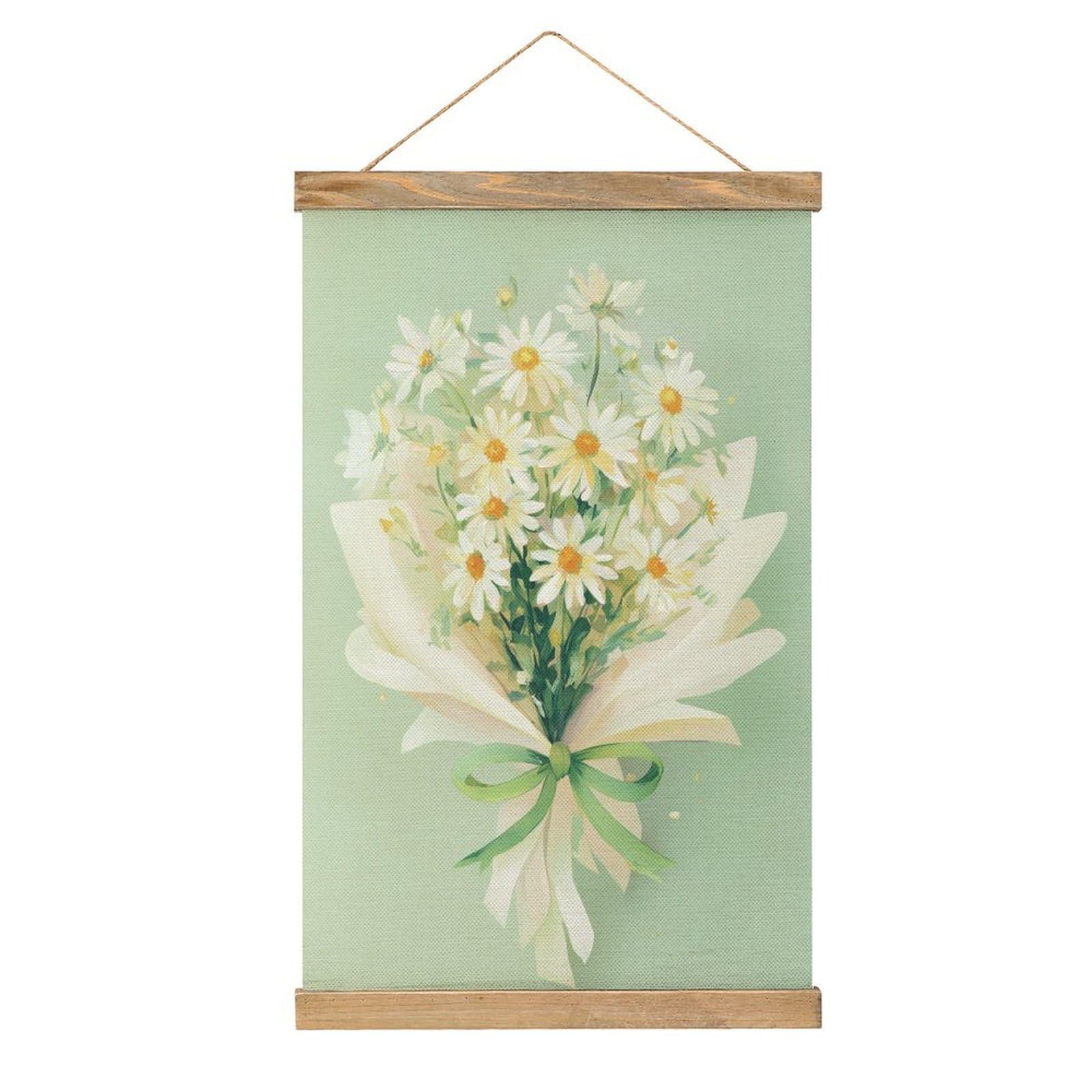 Jubonexis Bouquet of Light Yellow Daisies with Green Ribbon Canvas Painting Wood Frames Poster Hanger Hanging Picture Kit Wall Art