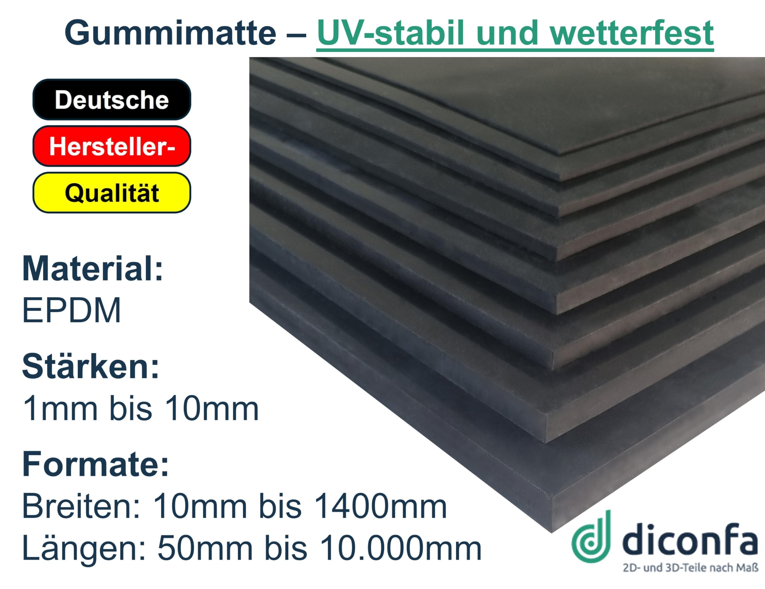 diconfa Gummimatte UV-STABIL GERUCHSARM EPDM BREITE 1000mm 100cm 1m breit Dicke 0,5 bis 20mm LÄNGE 0,05 bis 10m Auswahl 1000 x 2000mm (100 x 200cm), 3mm stark Gummiplatte Innen Außen rutschfest