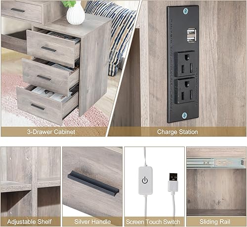 Miniatura 5 de Juego de mesa de tocador con espejo abatible y 2 cajones, almacenamiento de joyas y taburete tapizado para mujeres y niñas, dormitorio, color blanco