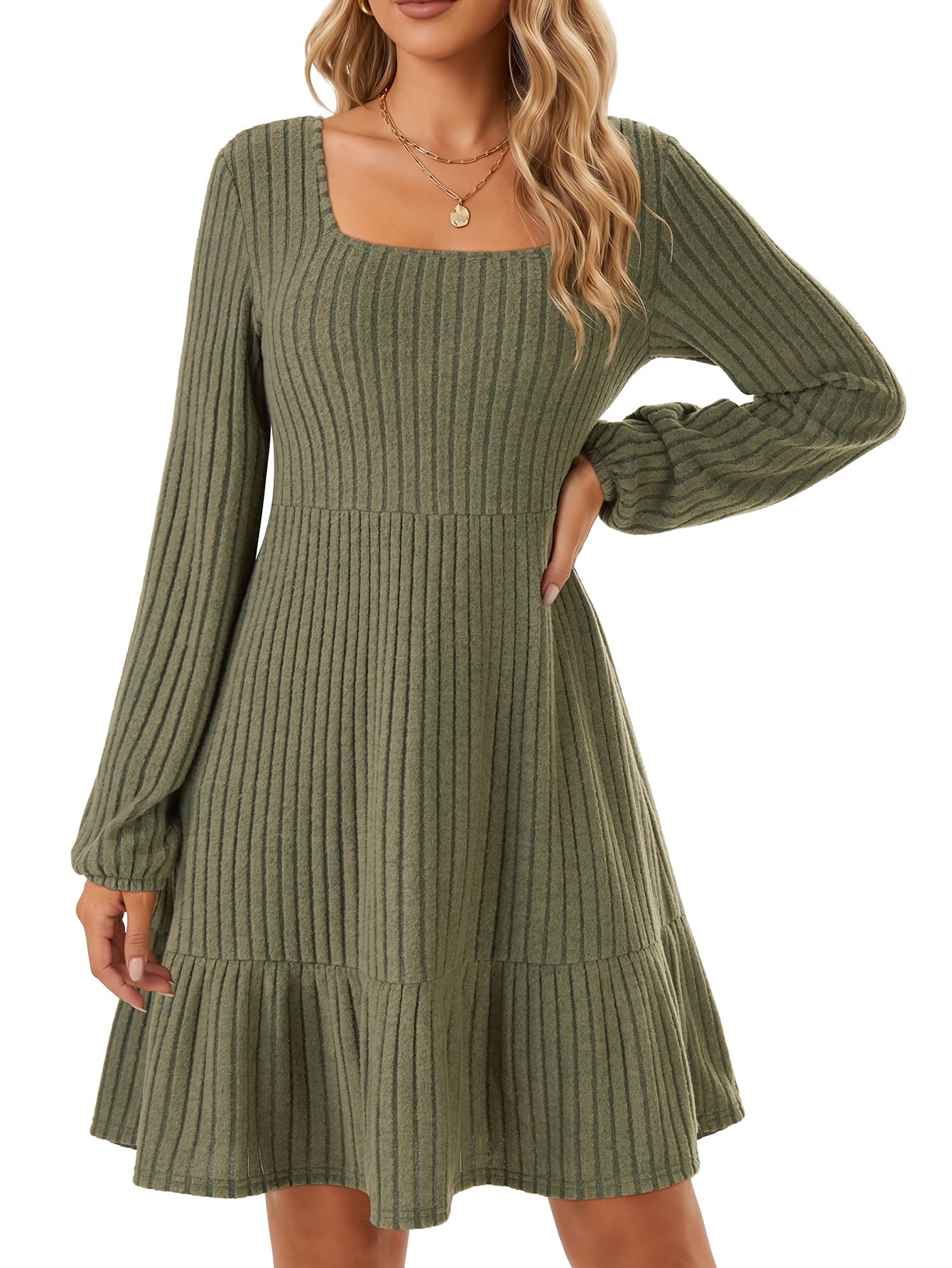 KIFOVEN Women's Ribbed Knit Square Neck Long Sleeve Ruffle A Line Casual Mini Dress