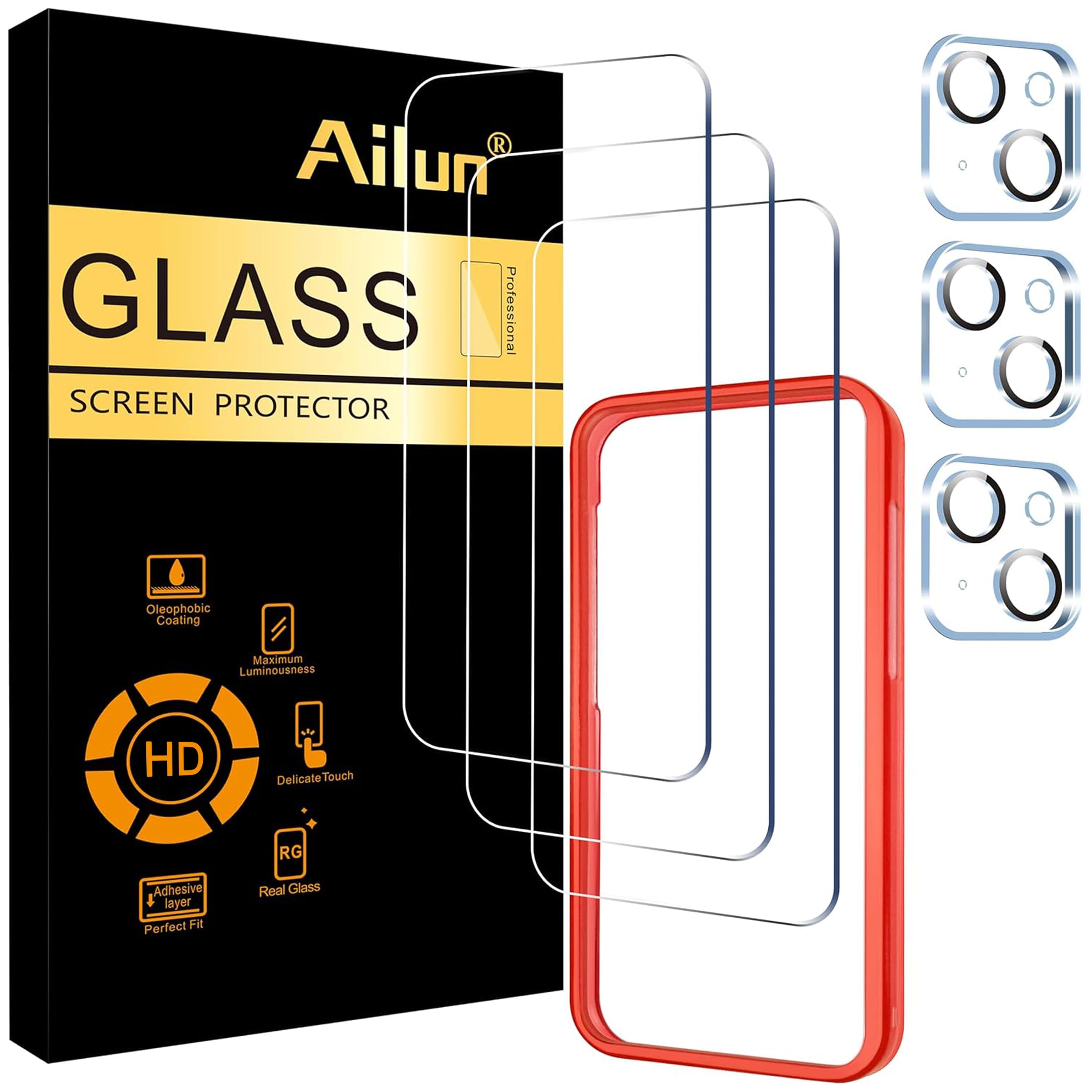 Ailun Screen Protector + Camera Lens Protector for iPhone 15, 3+3 Pack | 6.1 inch,Tempered Glass Film, Case Friendly, Installation Frame, HD