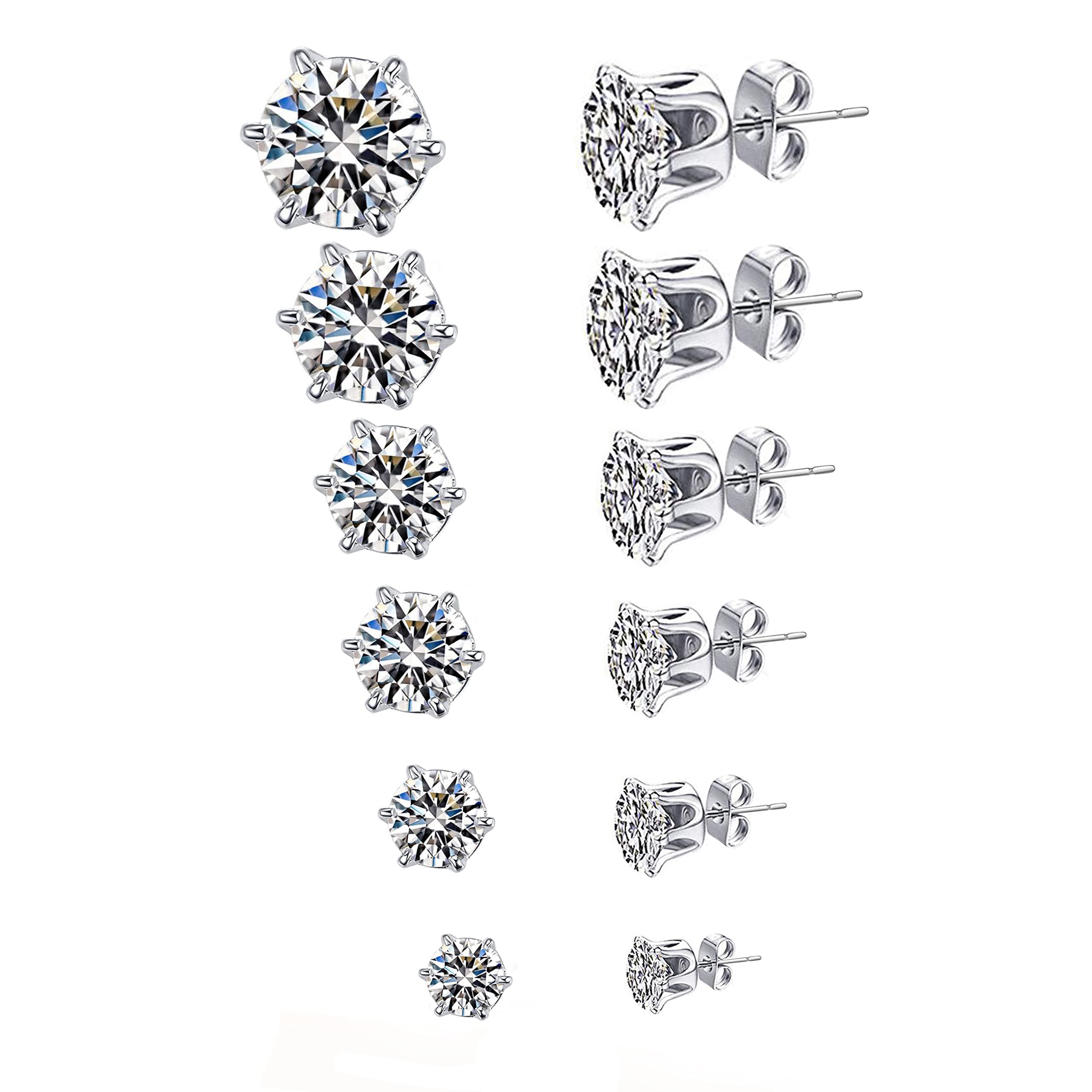Stud Earrings Set, Stainless Steel CZ Earrings for Women & Men, 6 Pairs (3-8mm), 6 Sizes, 316L Surgical Steel, Hypoallergenic for Occasions