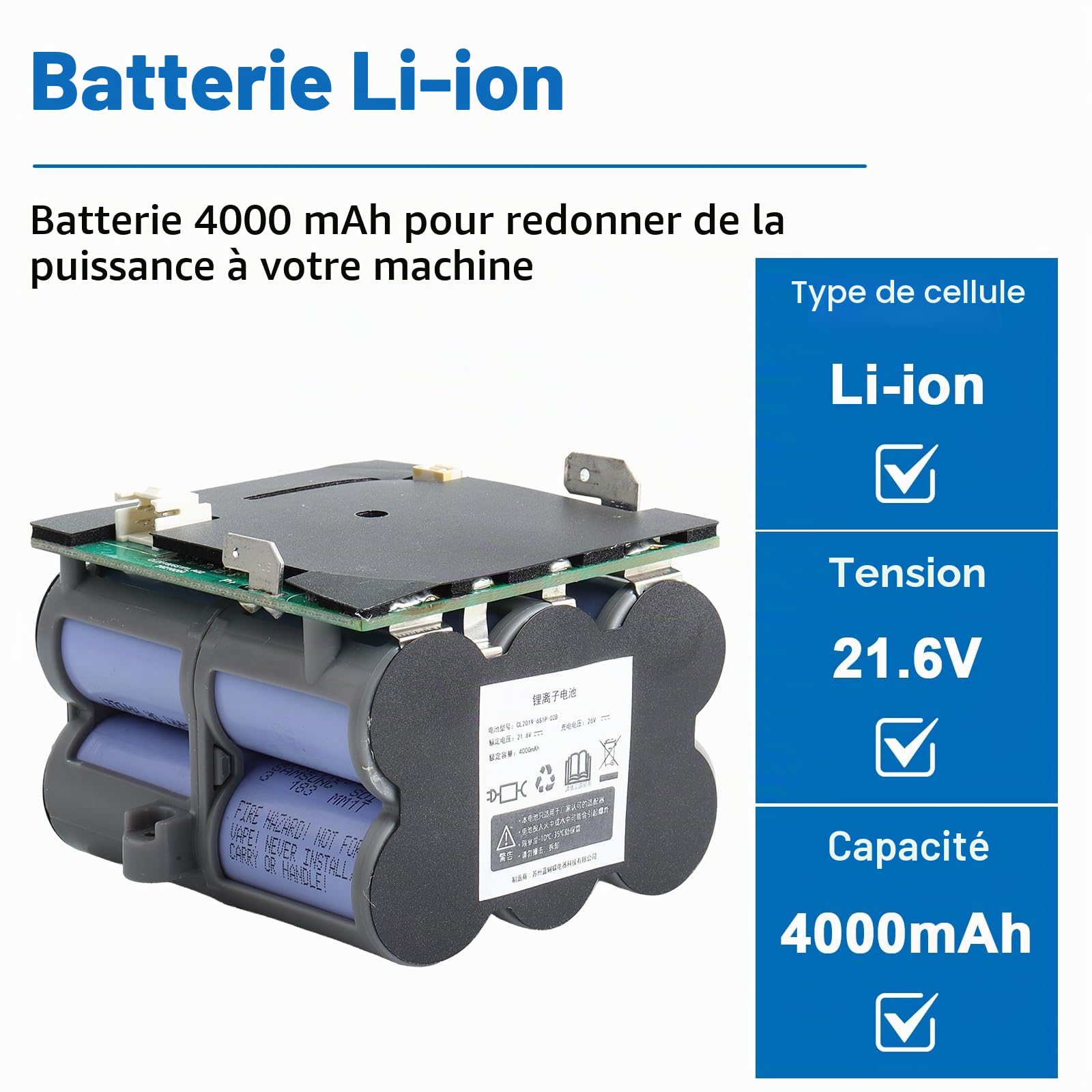 Batterie de Rechange 21,6 V/4000 mAh Compatible avec Les aspirateurs à Main sans Fil Tineco Floor One S5/S5 Pro 2/S5 Pro/Floor One S5 Smart/S5 Steam