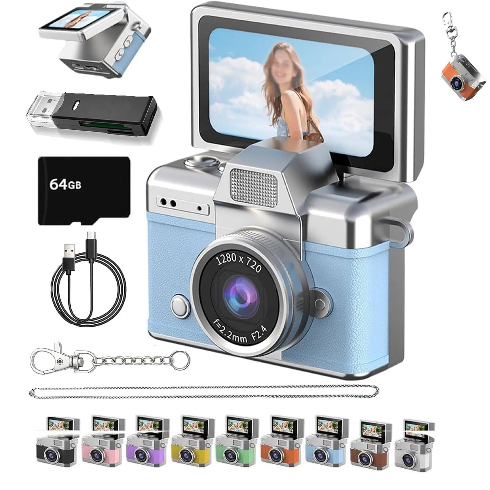 Thumb-Sized Flip Screen Mini Camera, Mini Keychain Digital Camera, Flip Screen Mini Camera with Built-in Flash &amp; Flip Display, 64GB Memory, Portable Keychain Camera for Travel &amp; Daily Use (1, Blue)