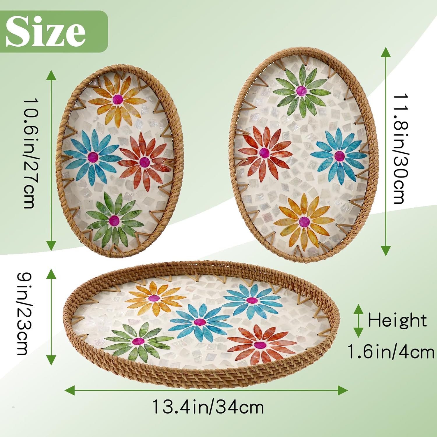 Oval Rattan Mother of Pearl Serving Tray, 3 Sizes Wicker Woven Coffee Table Tray with Wooden Base for Fruit Snack Breakfast Party Picnic Cafe Kitchen Home Decor (Four Color Flower)