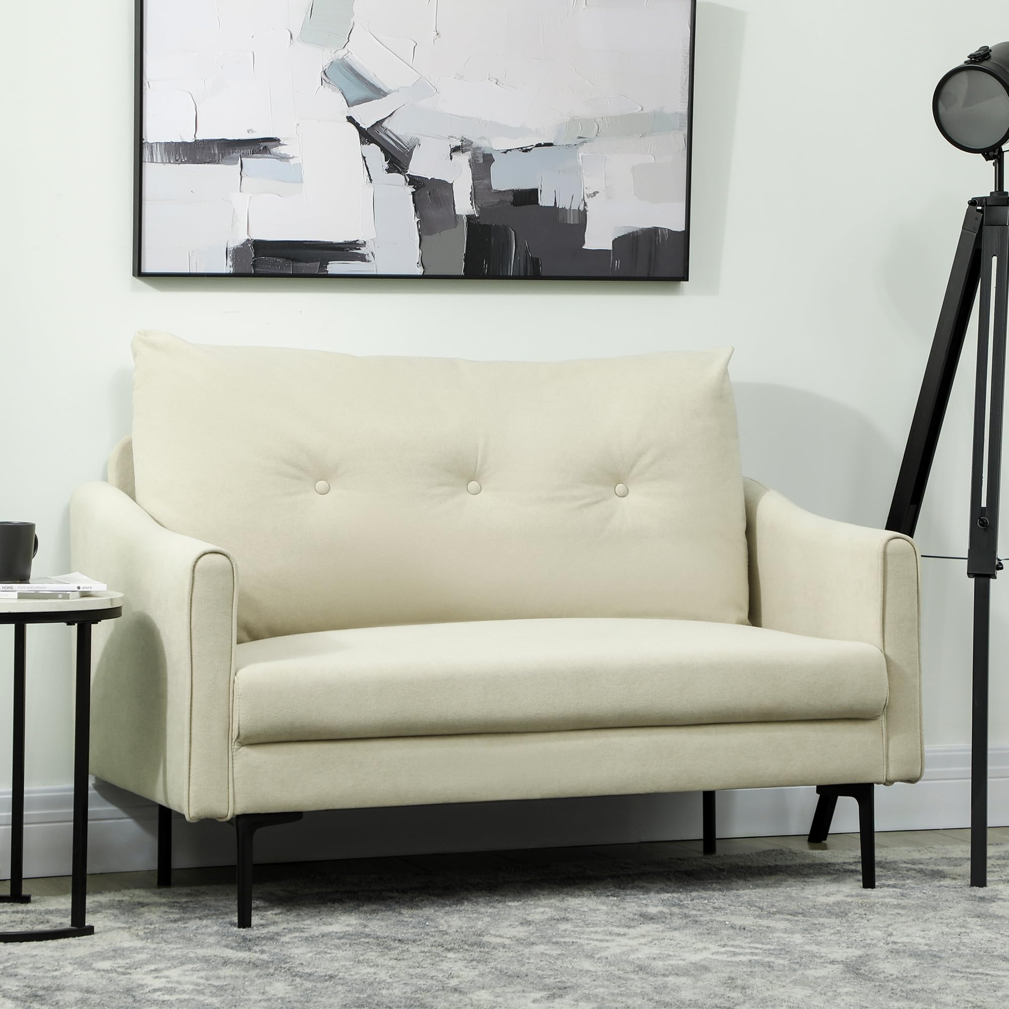 HOMCOM Divano 2 Posti in Velluto con Schienale Cuscino Trapuntato a Bottoni Rimovibile, Divanetto 2 Posti Imbottito Salvaspazio Moderno con Gambe in Metallo per Soggiorno Salotto, 124x73x92 cm, Crema
