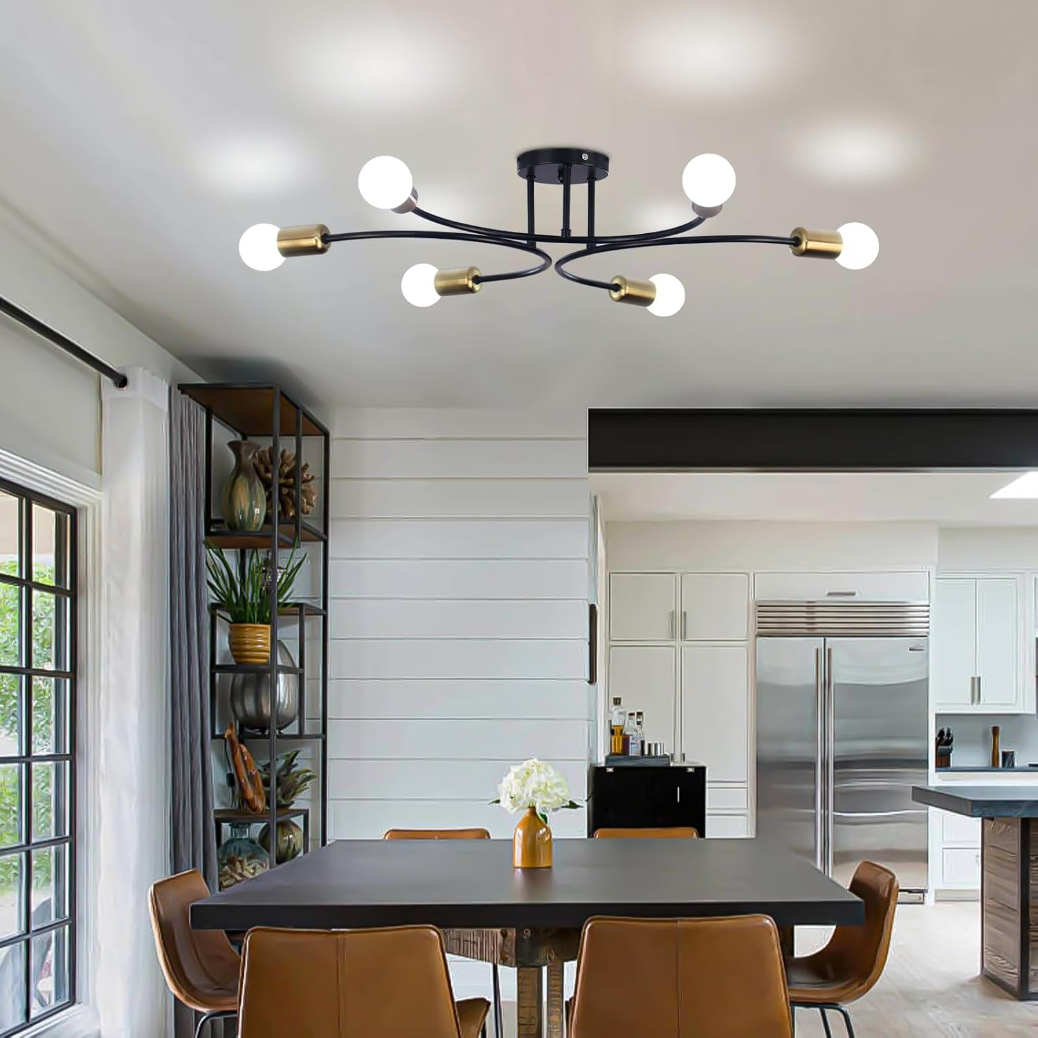 FRIXCHUR Modern Semi Flush Mount Ceiling Light Fixture 6-Lights Sputnik Chandelier Light Black and Gold Close to Ceiling Light Fixture for Living Room Bedroom Kitchen