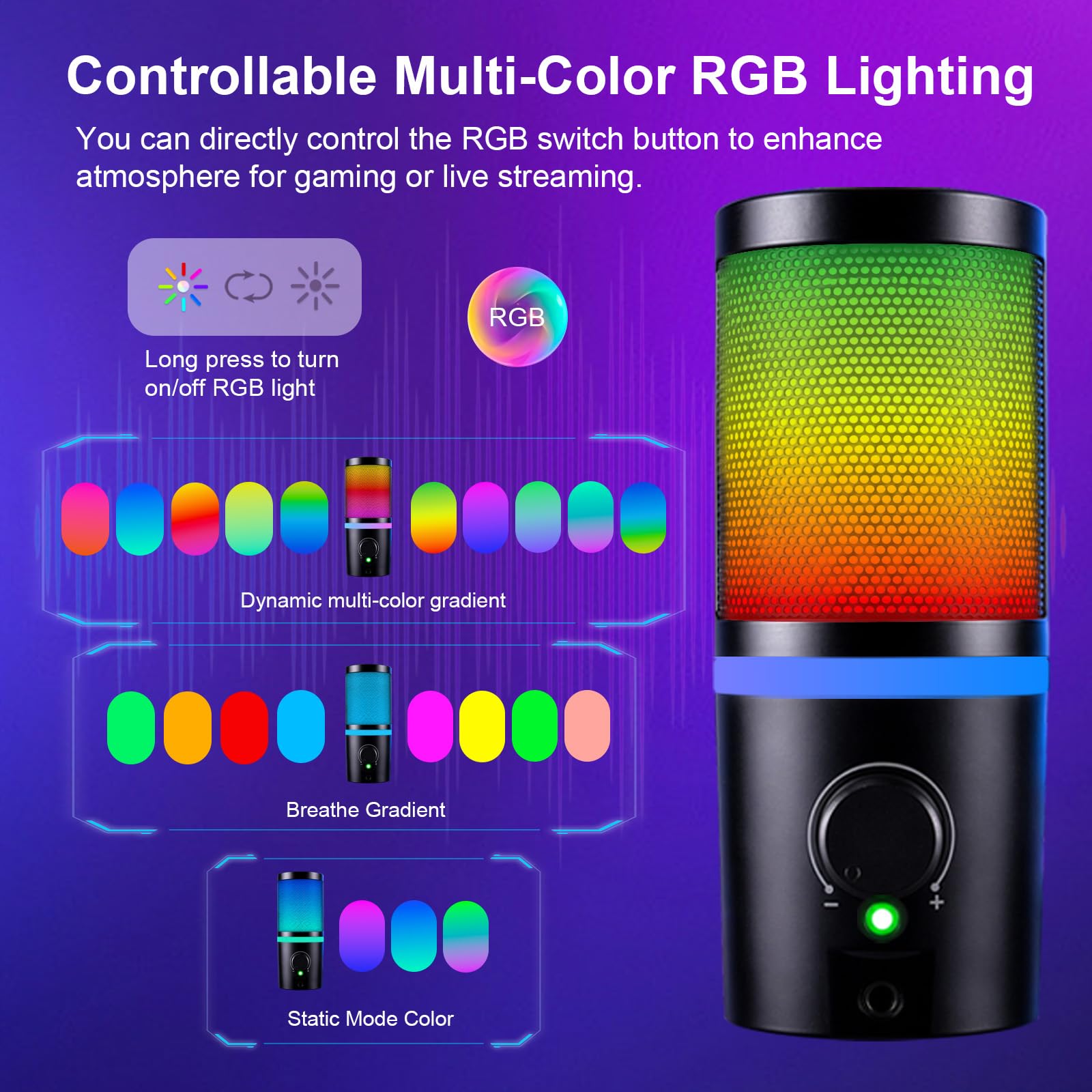 Micrófono USB con luz RGB, control de volumen, botón de silencio, conector de auriculares de 3,5 mm.