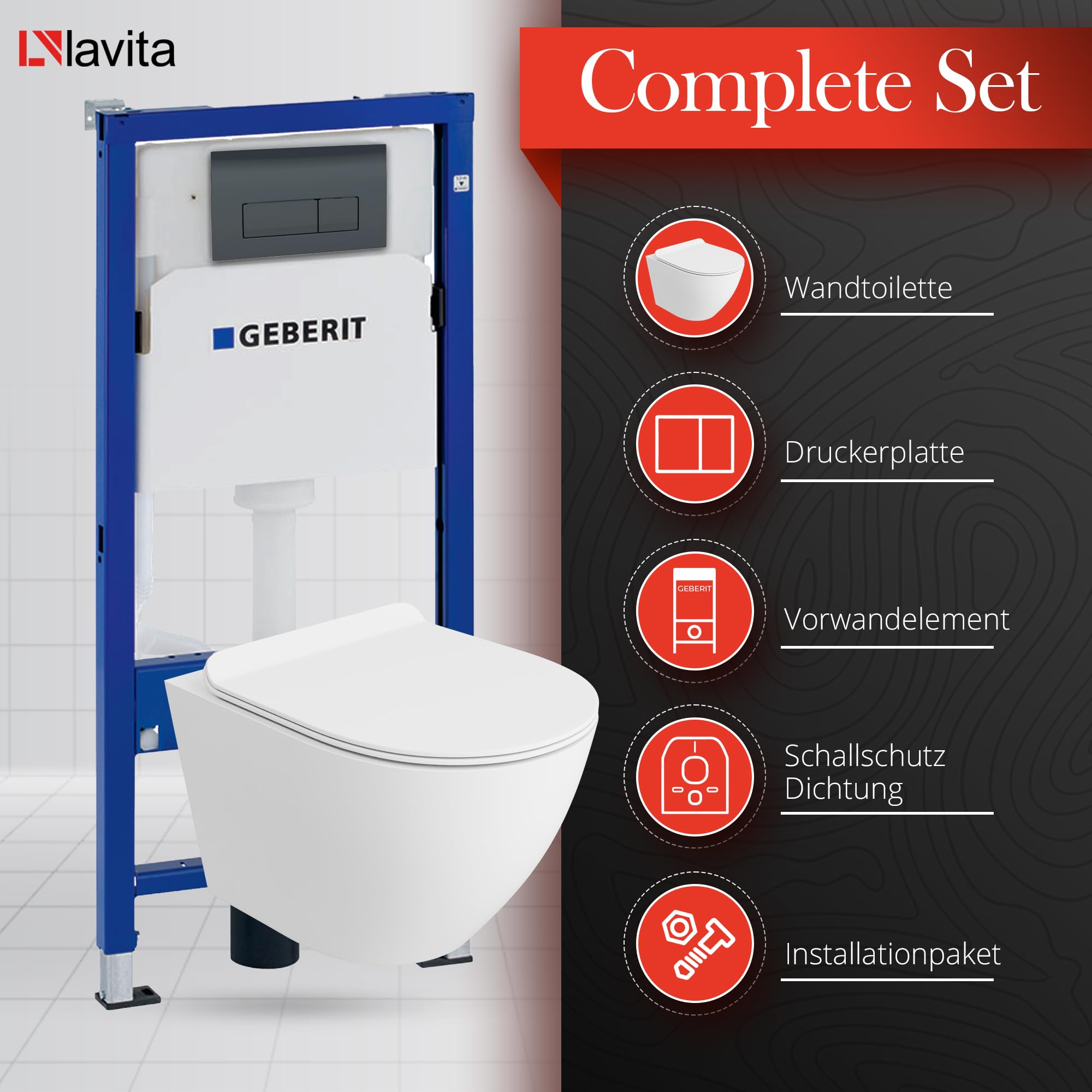 Geberit Duofix Basic - Inodoro de pared con fregadero profundo y placa de control Delta 25, botón negro, juego completo, cisterna empotrada, inodoro completo
