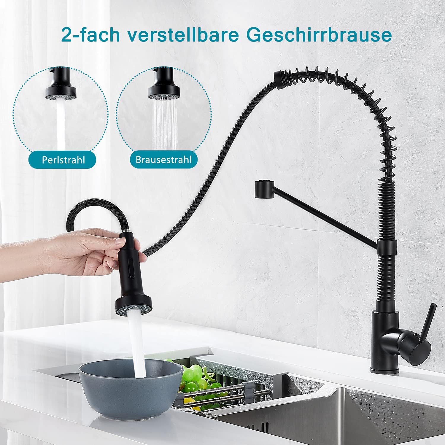 Image showing the pull-down spray head of the JTWEB faucet with two icons indicating 'Perlstrahl' (aerated stream) and 'Brausestrahl' (spray jet) modes.