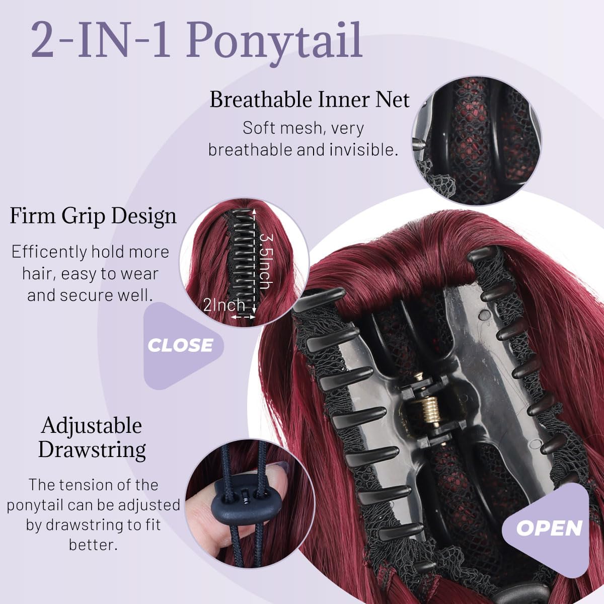 JIAMEISI Claw Clip Ponytail Hair Extensions 18 Inch Ponytail Extension Long Curly Wavy Jaw Clip in Pony Tails Extension Synthetic Fluffy Hairpiece for Women Girls Daily Use Party (Wine Red) - Image 4