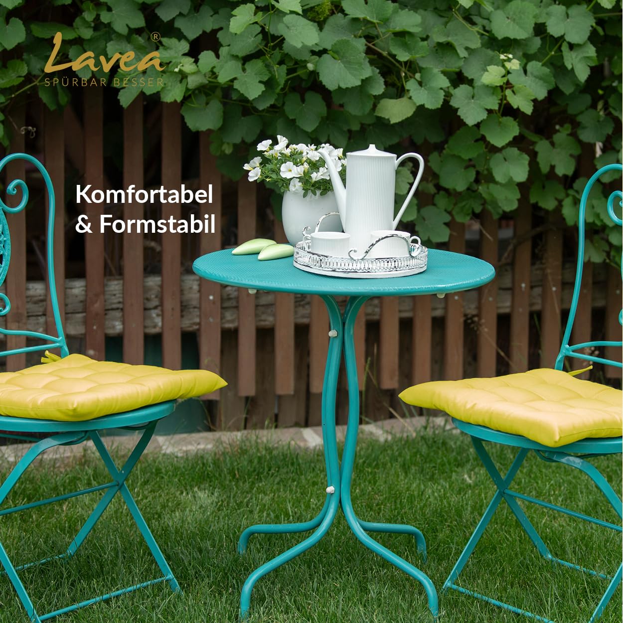 Lavea® Cojines para Silla 40x40 cm – Juego de 4 con Lazos – Interior/Exterior – Cómodos y Lavables, Ideales para Jardín, Cocina, Balcón y Terraza - Amarillo Pálido