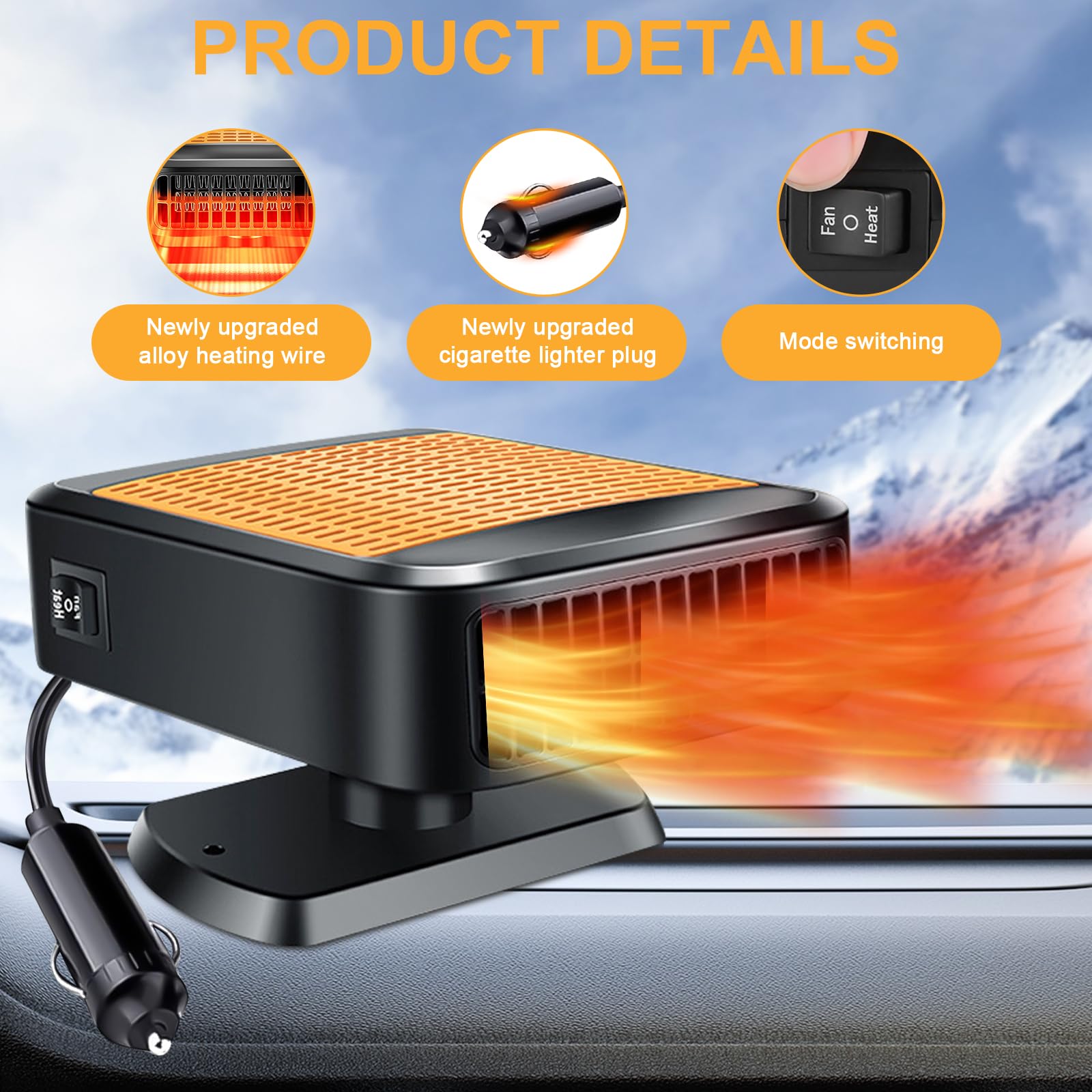 Chauffage de voiture 12 V 200 W 2 en 1 - Chauffage et refroidissement rapides avec rotation à 360 ° - Chauffage portable pour connexion à l'allume-cigare - Dégivreur de pare-brise pour - 2