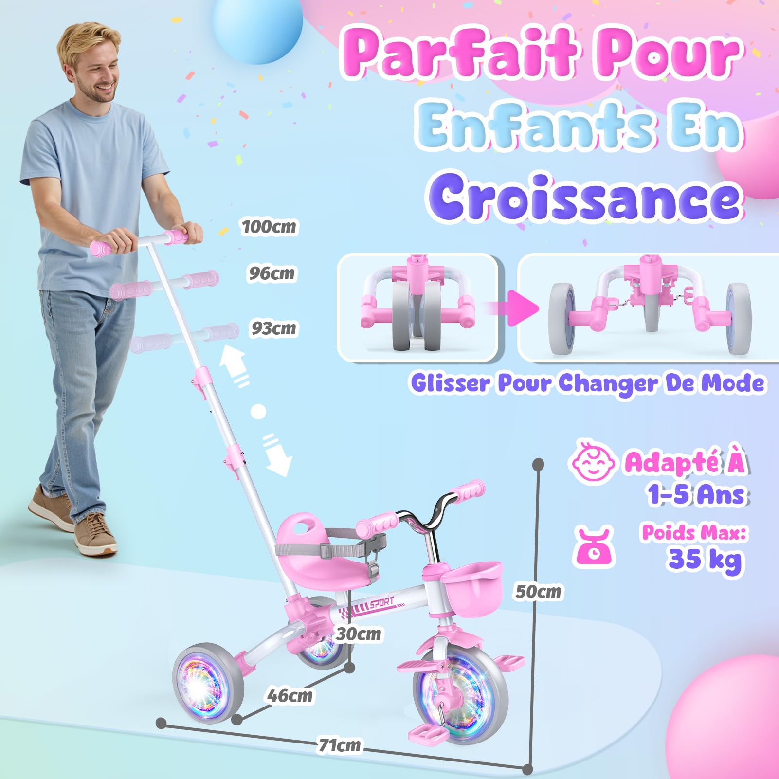 HappyGoLucky 5 en 1 Tricycle évolutif Enfant, Draisienne 1-5 Ans-Roues Lumineuses/Poignée Parentale/Sièges&pédales Réglables