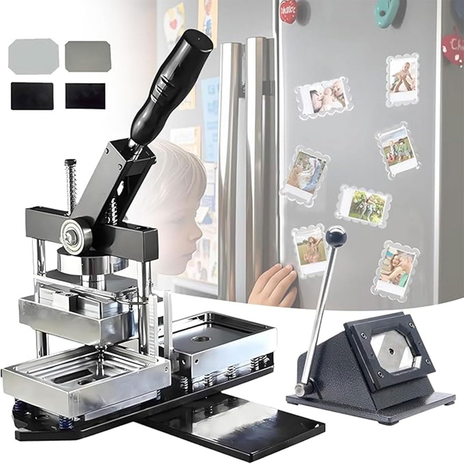 Magnet Maker Machine Fridge DIY Photo Magnet Making Machine Kit with Badge Maker + Cutter + 100 Sets Materials for Crafts, Personalized Gifts, Home or Small Business(90x65mm)