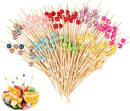 200 palillos de cóctel coloridos, palillos de dientes elegantes para aperitivos, brochetas de 4.7 pulgadas para aperitivos, palillos largos de